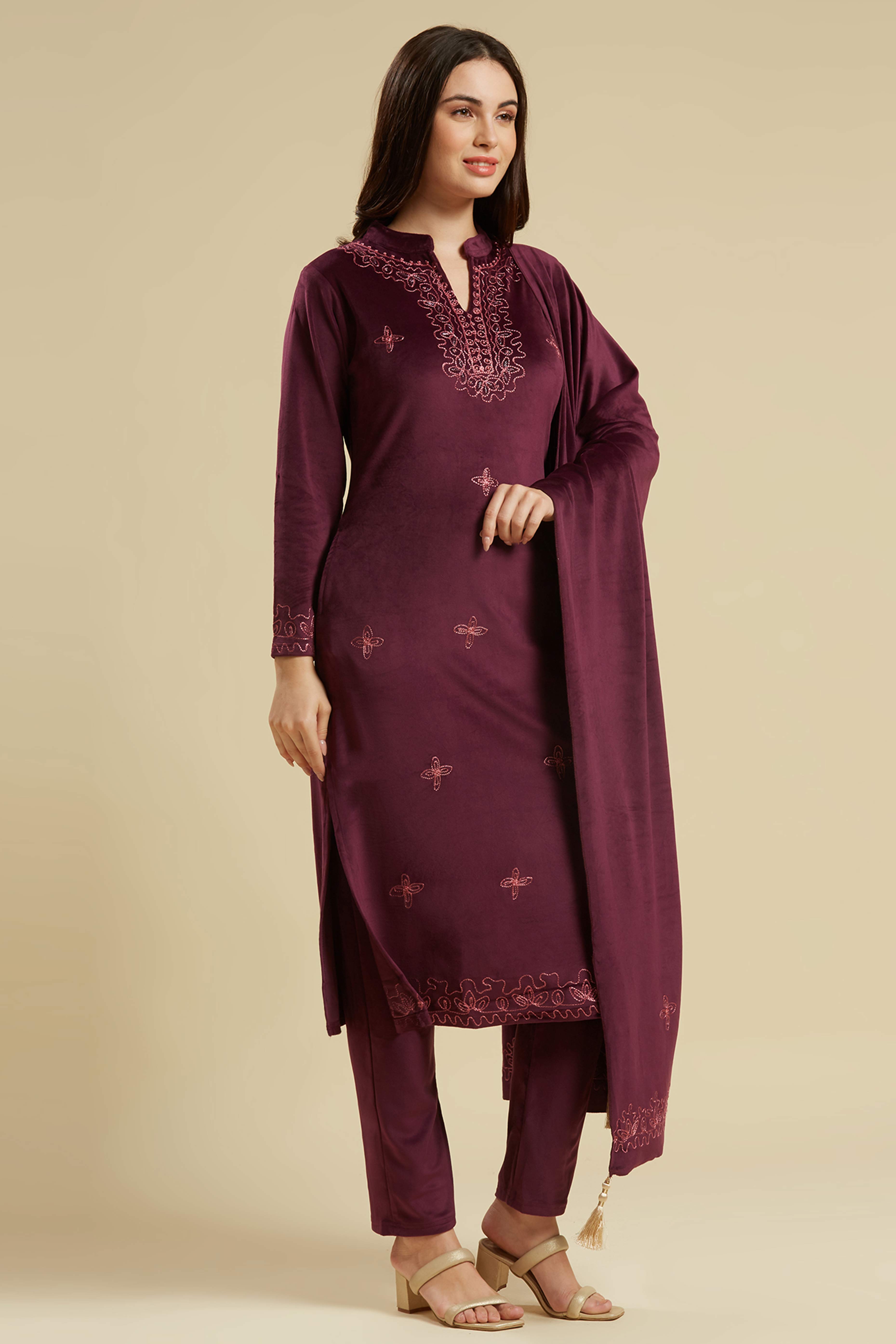 Wine Embroidered Velvet Straight Salwar Suit
