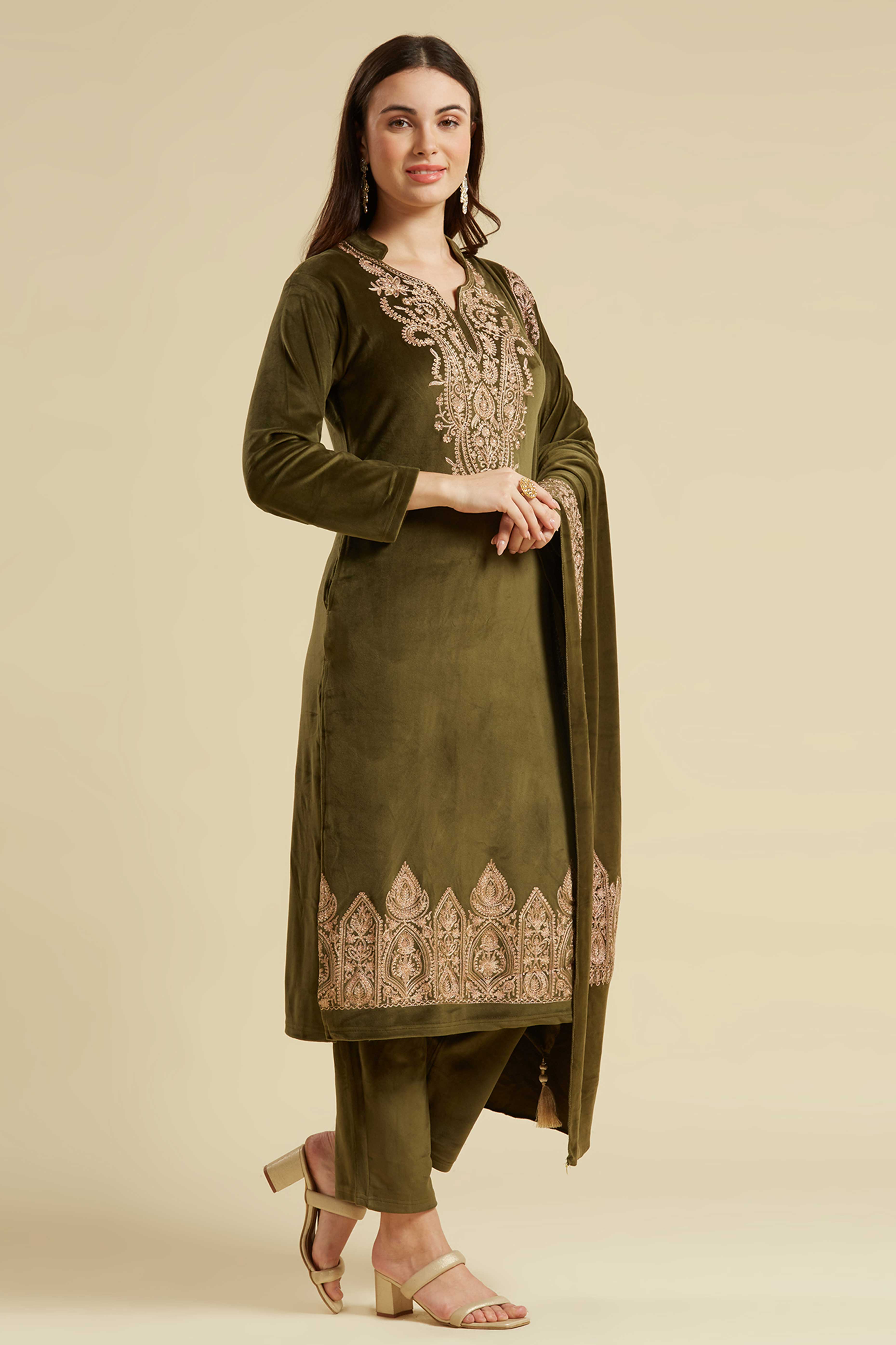 Green Embroidered Velvet Straight Salwar Suit