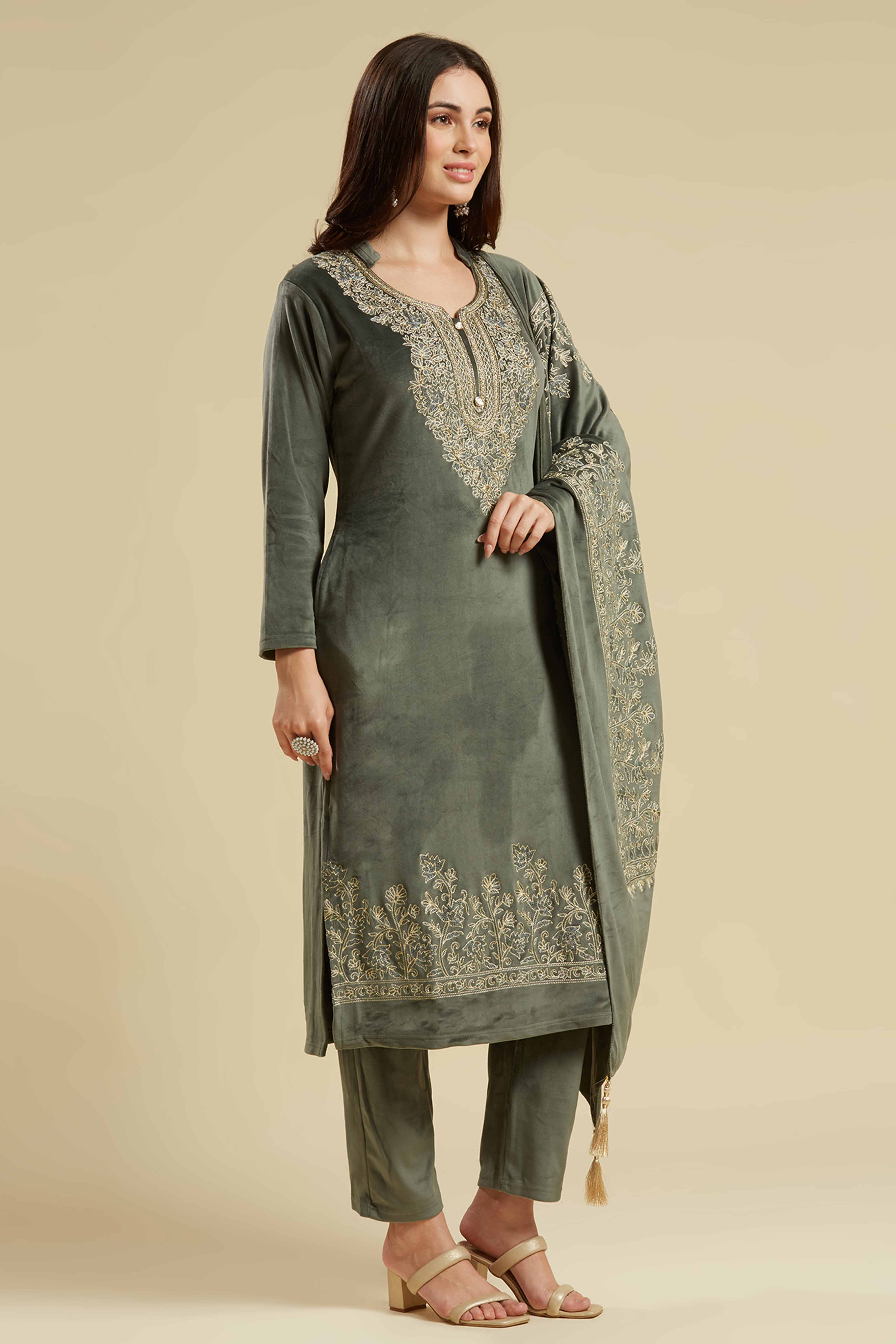 Green Embroidered Velvet Straight Salwar Suit