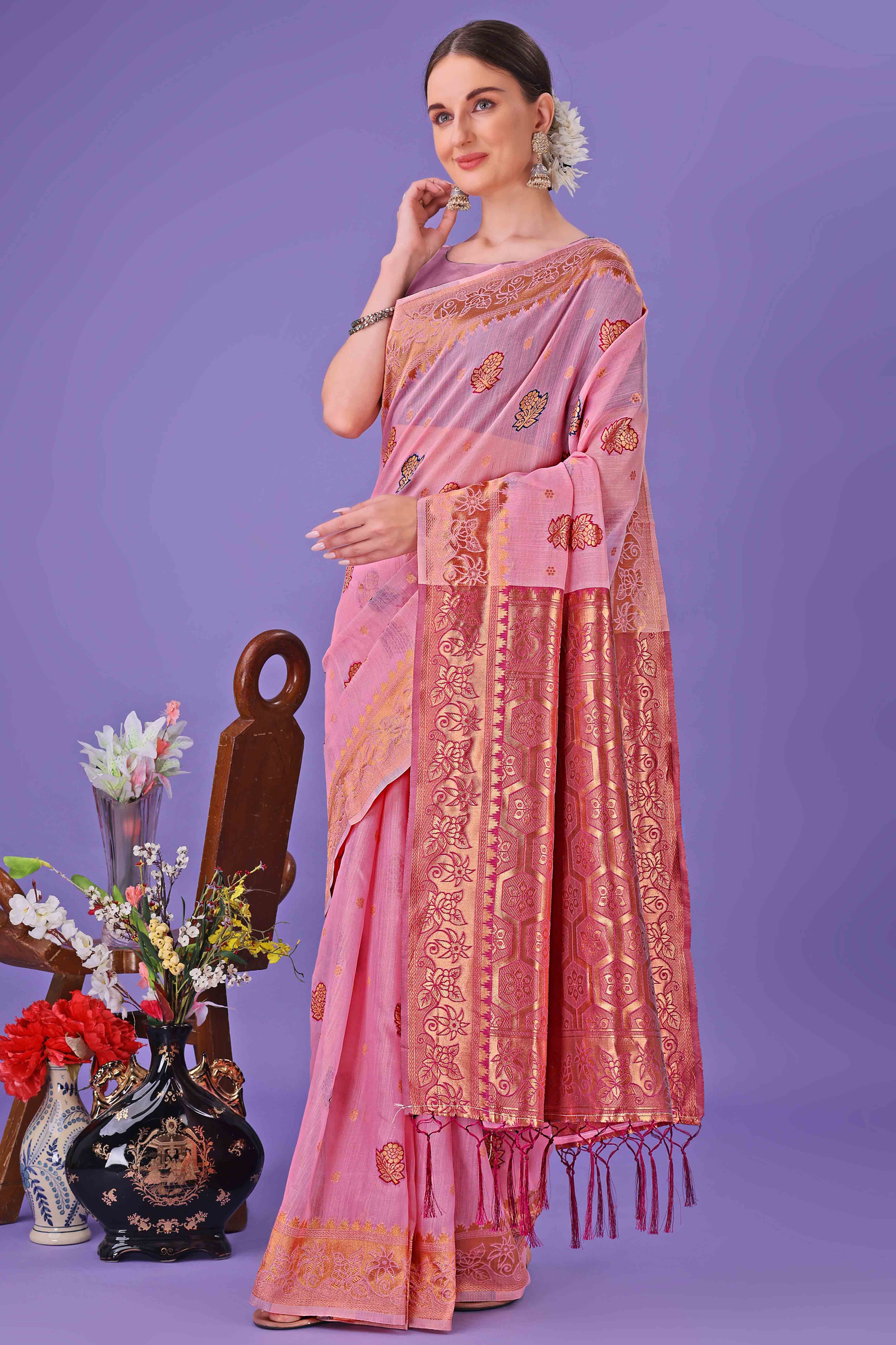 Light Pink Saree with Floral Zari Weaving on a Linen Cotton Base
