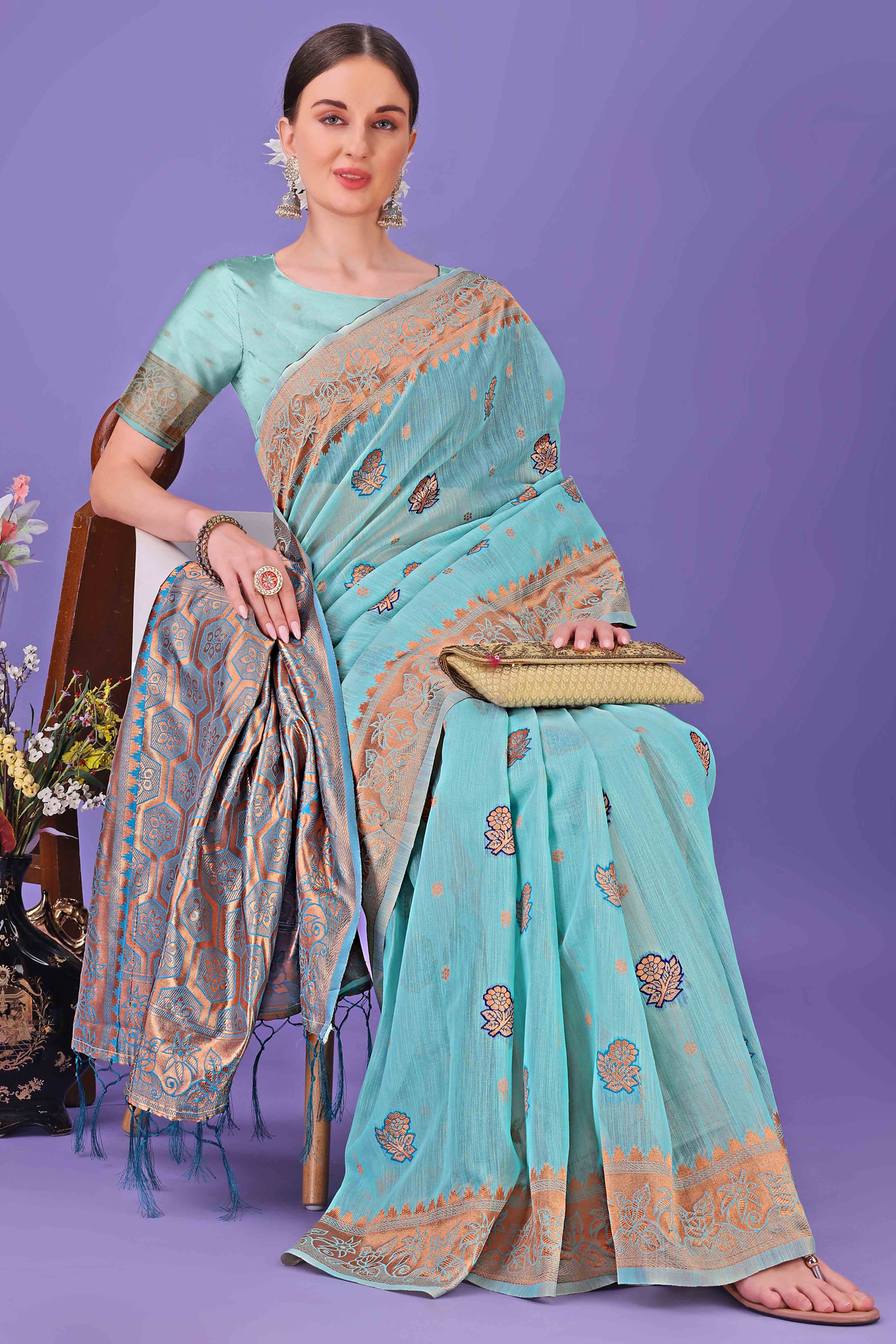 Sea Green Saree with Floral Zari Weaving on a Linen Cotton Base