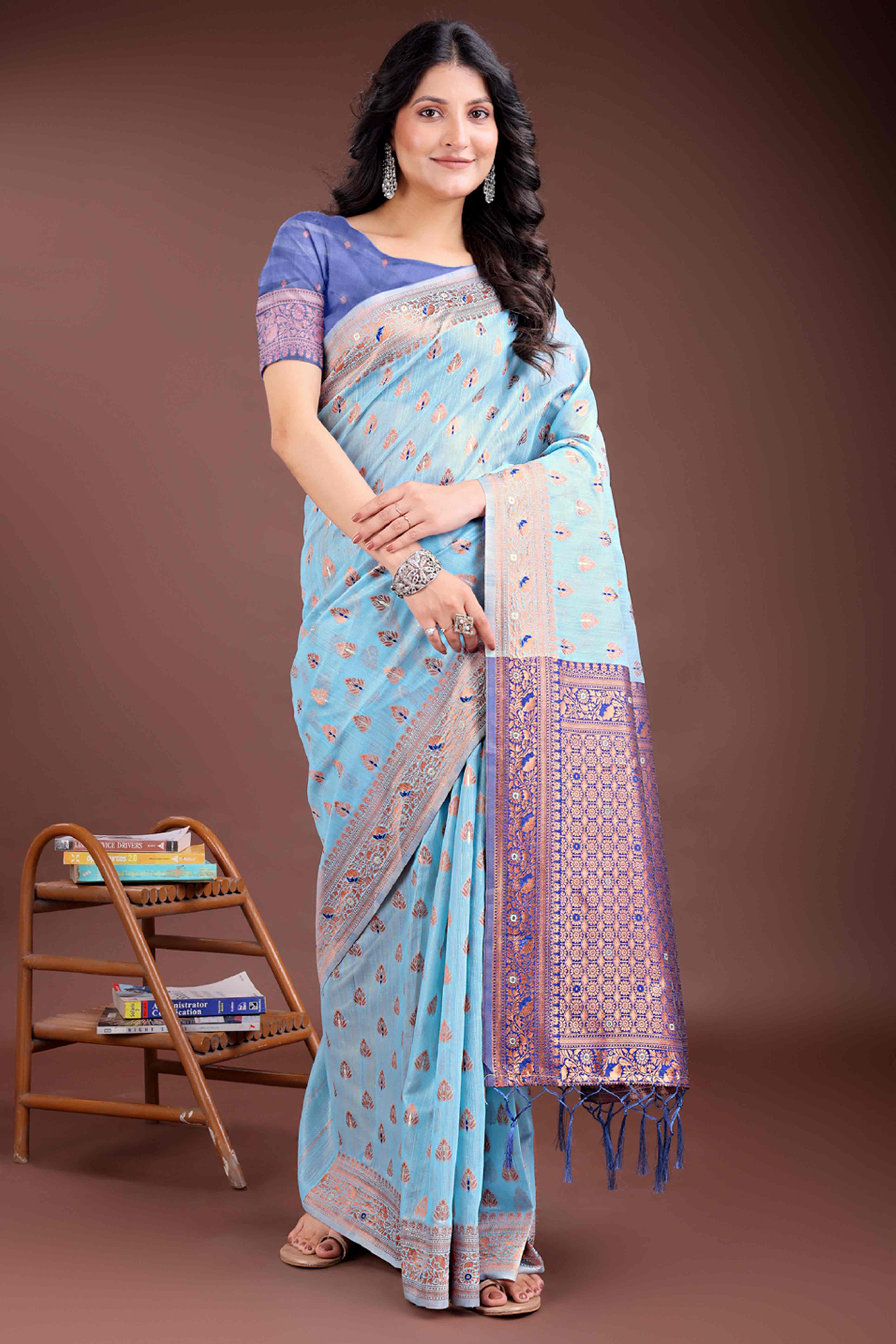 Dreamy Sky Blue Floral Zari Weaving Cotton Blend Saree with Delicate Tassel Embellishments
