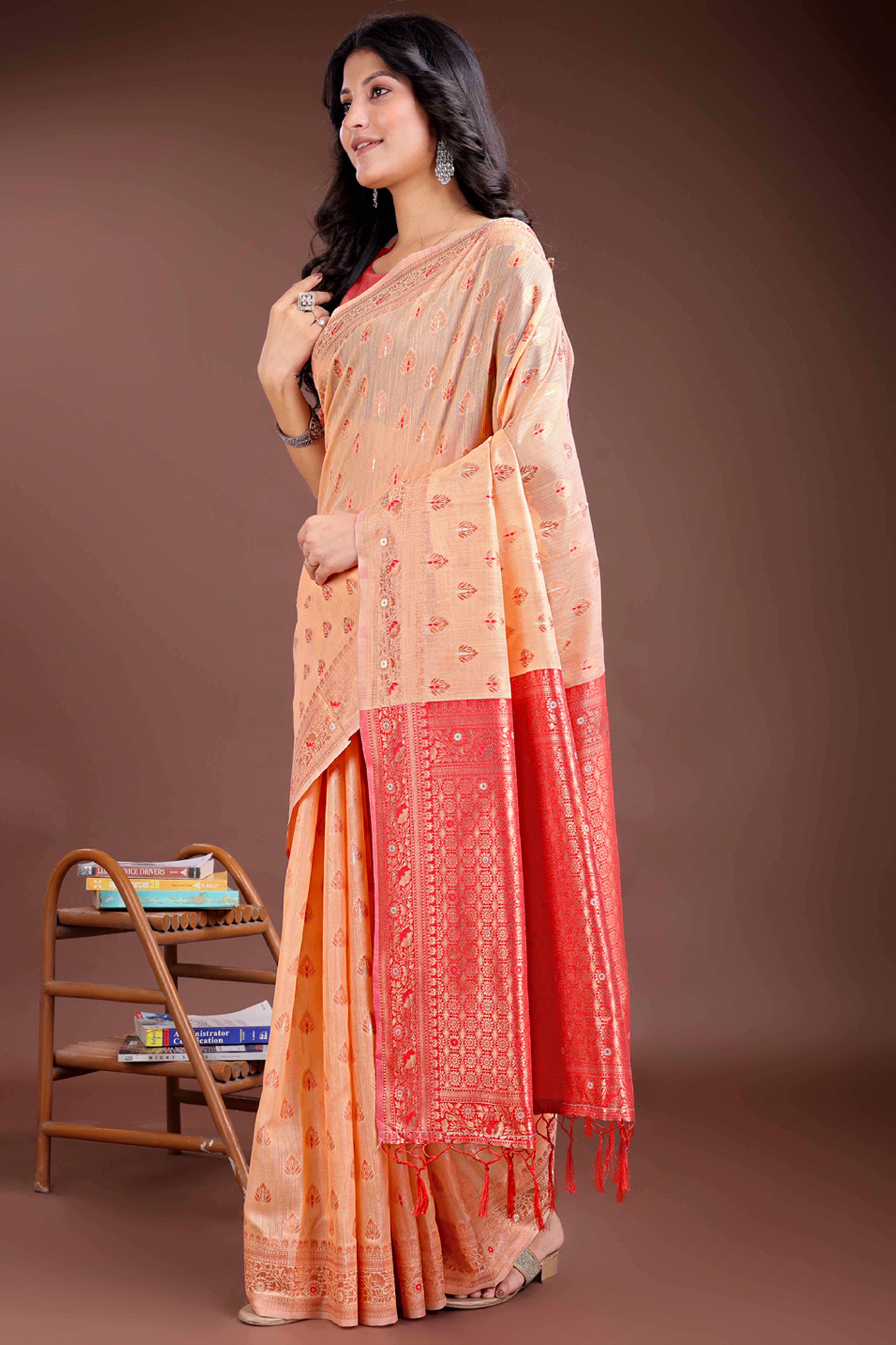 Vibrant Orange Floral Zari Weaving Cotton Blend Saree with Eye-Catching Tassels