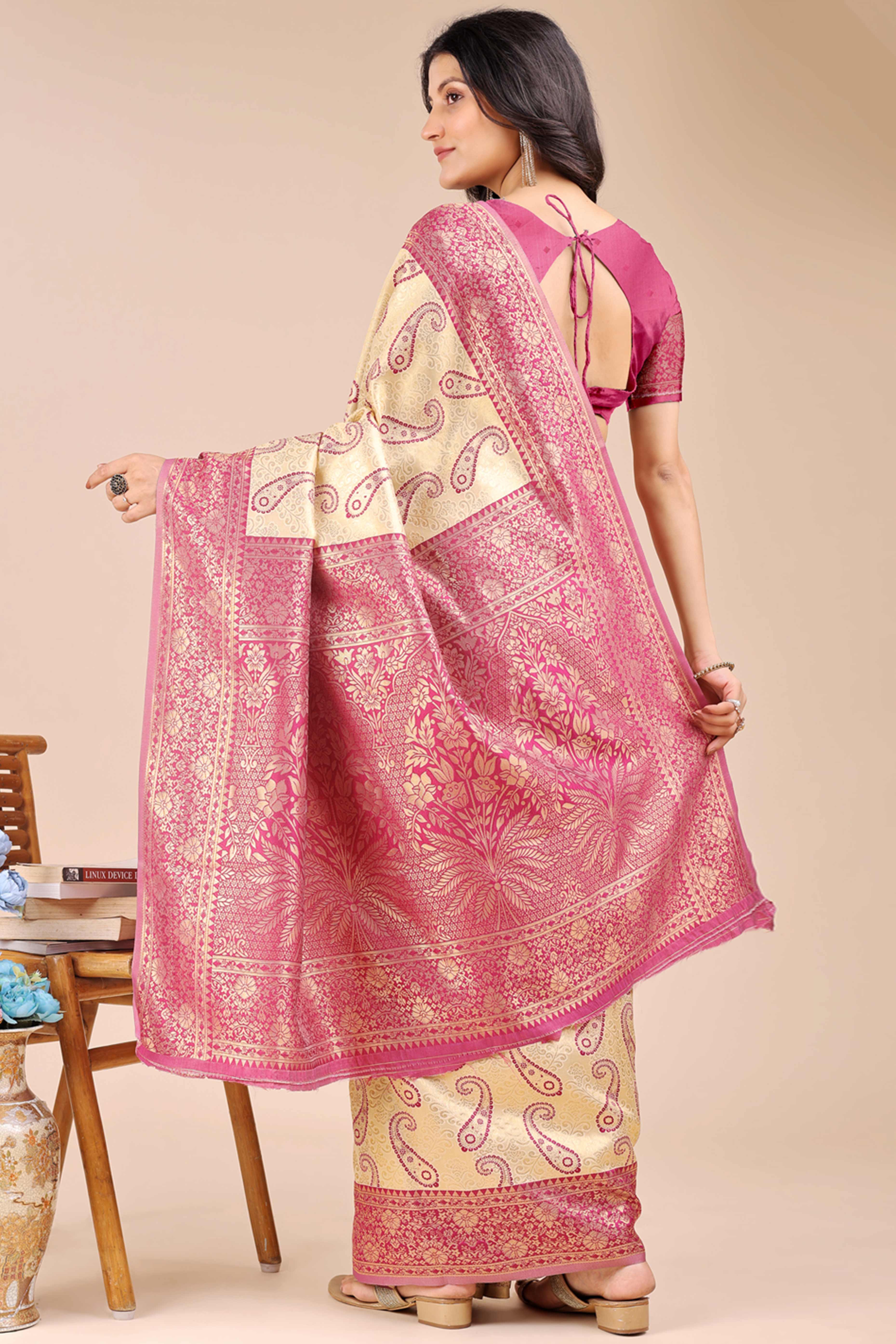 Cream Banarasi Silk Saree Featuring Magenta Floral Zari Weaving and a Rich Contrast Border