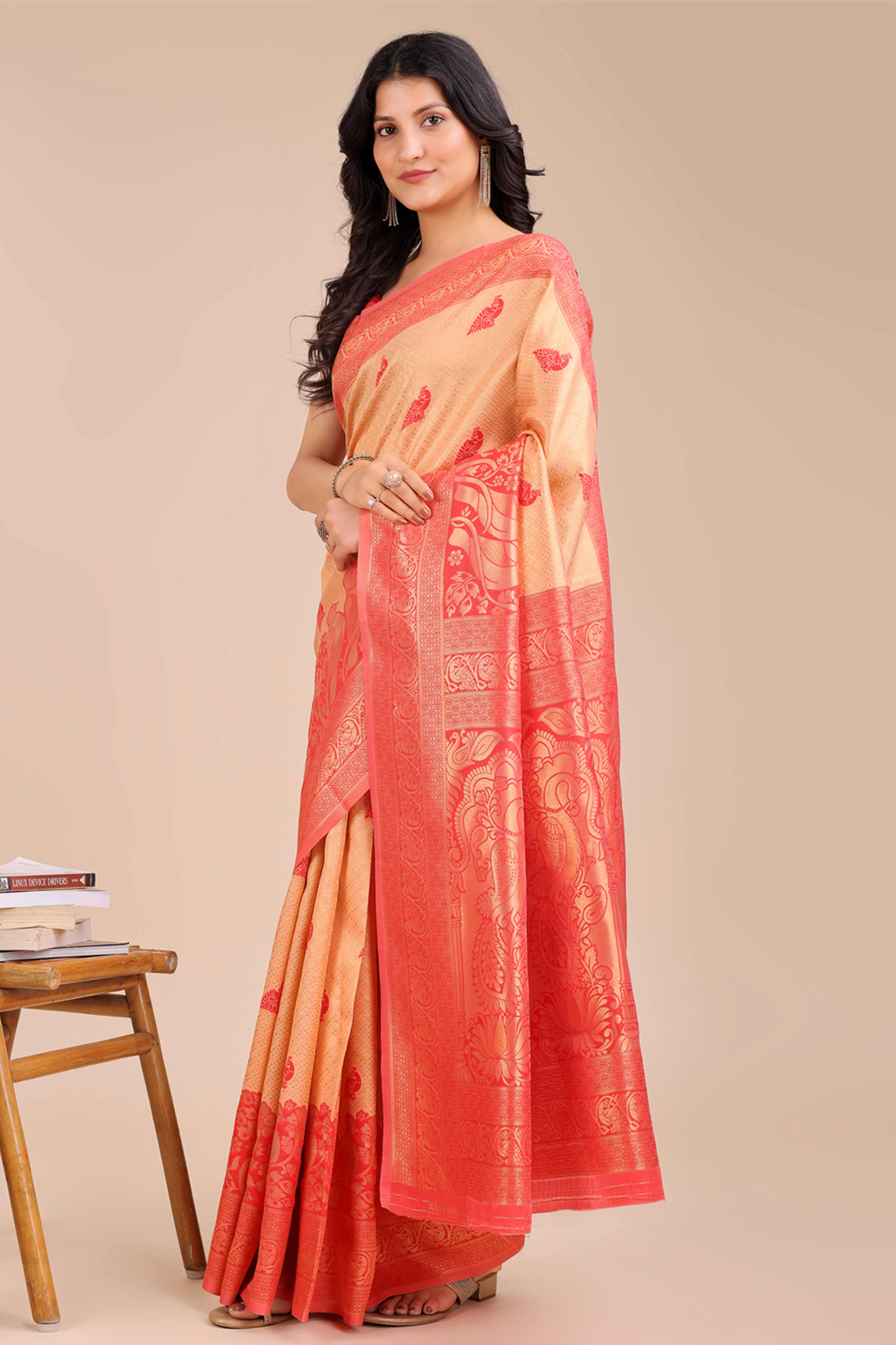 Cream & Red Floral Zari Weaving Banarasi Silk Saree With Intricate Peacock Pallu