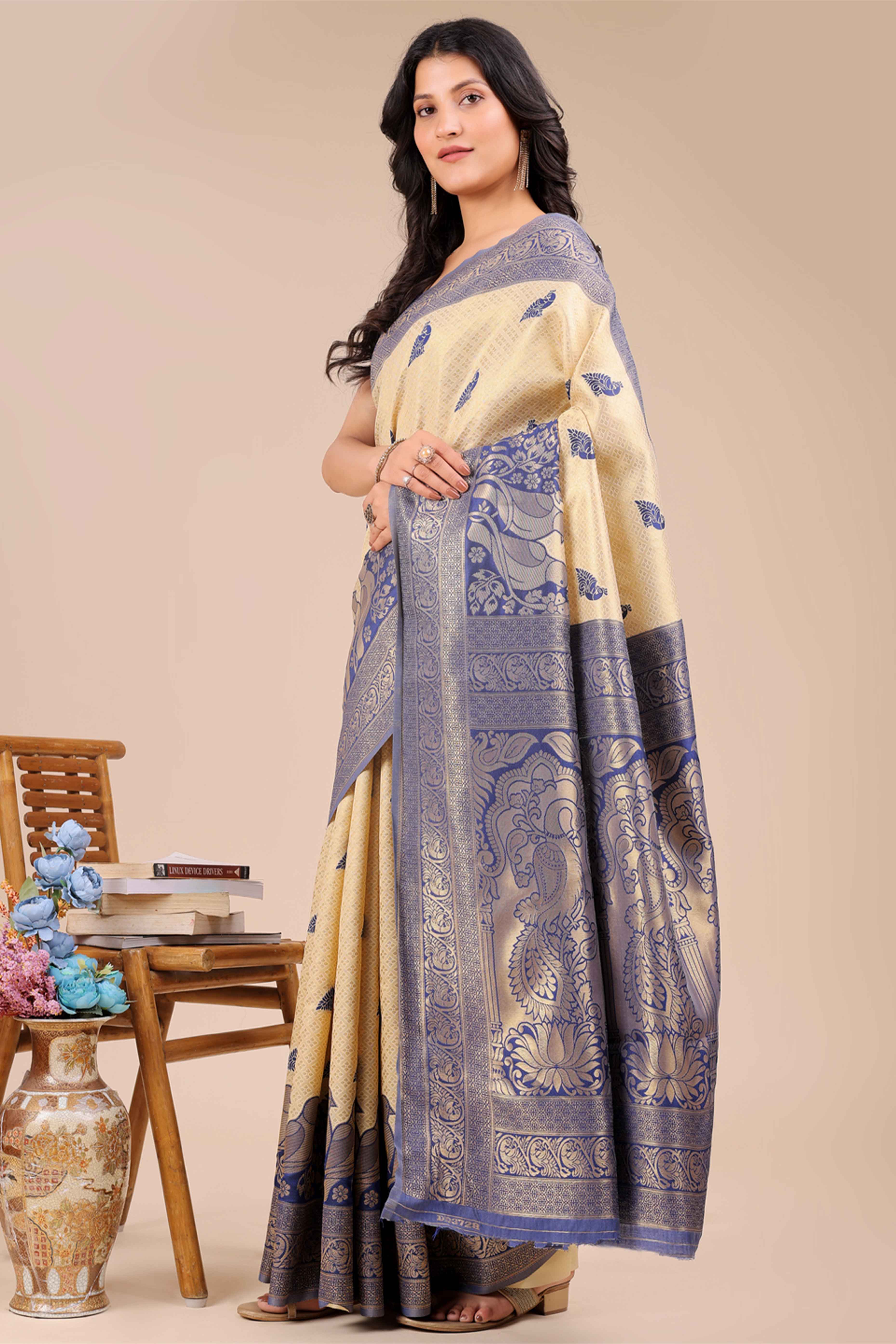 Cream & Navy Blue Floral Zari Weaving Banarasi Silk Saree With Intricate Peacock Pallu