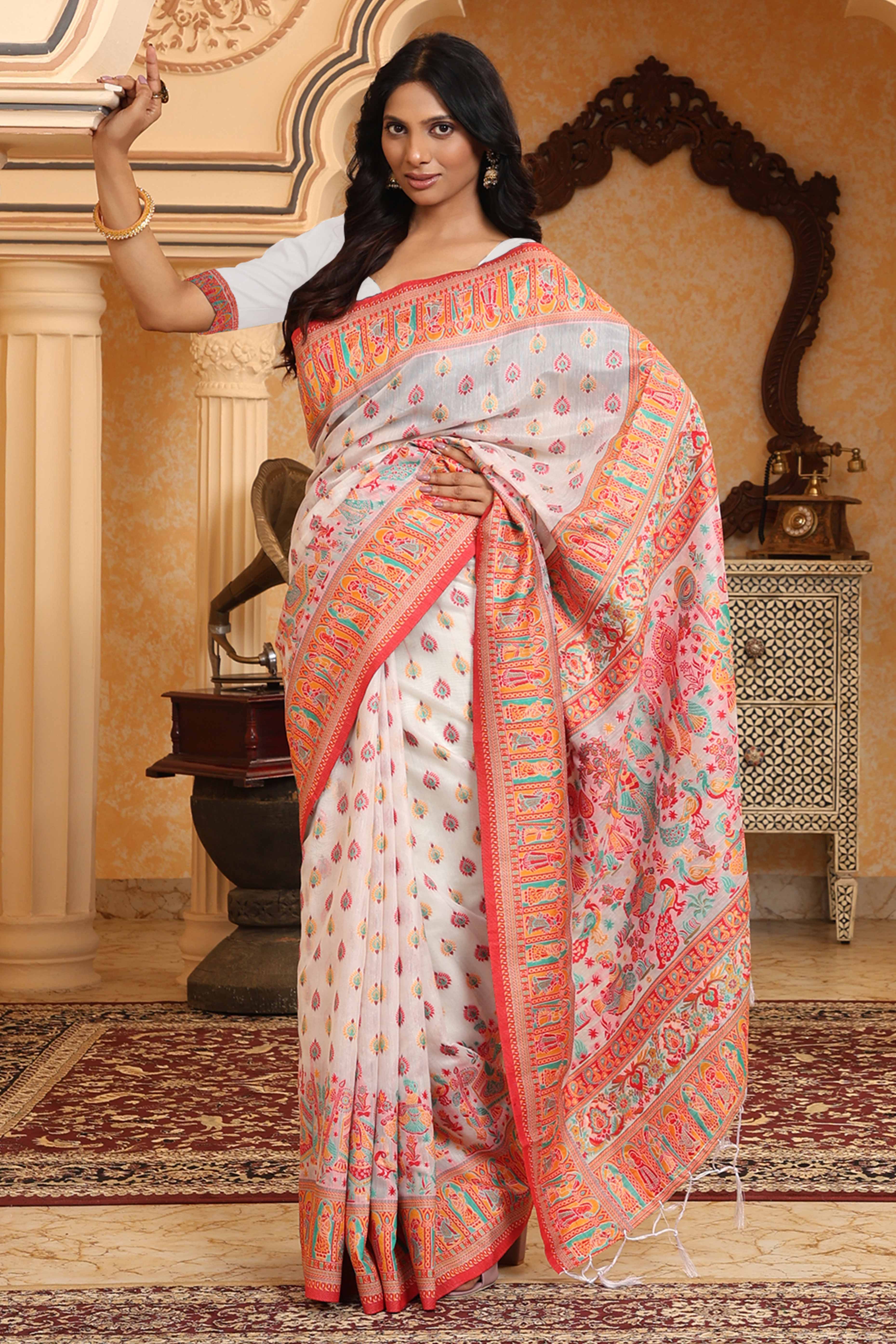 White With Multicolor Linen Cotton Silk Saree Enhanced Floral Zari Weaving & Tasselled Pallu
