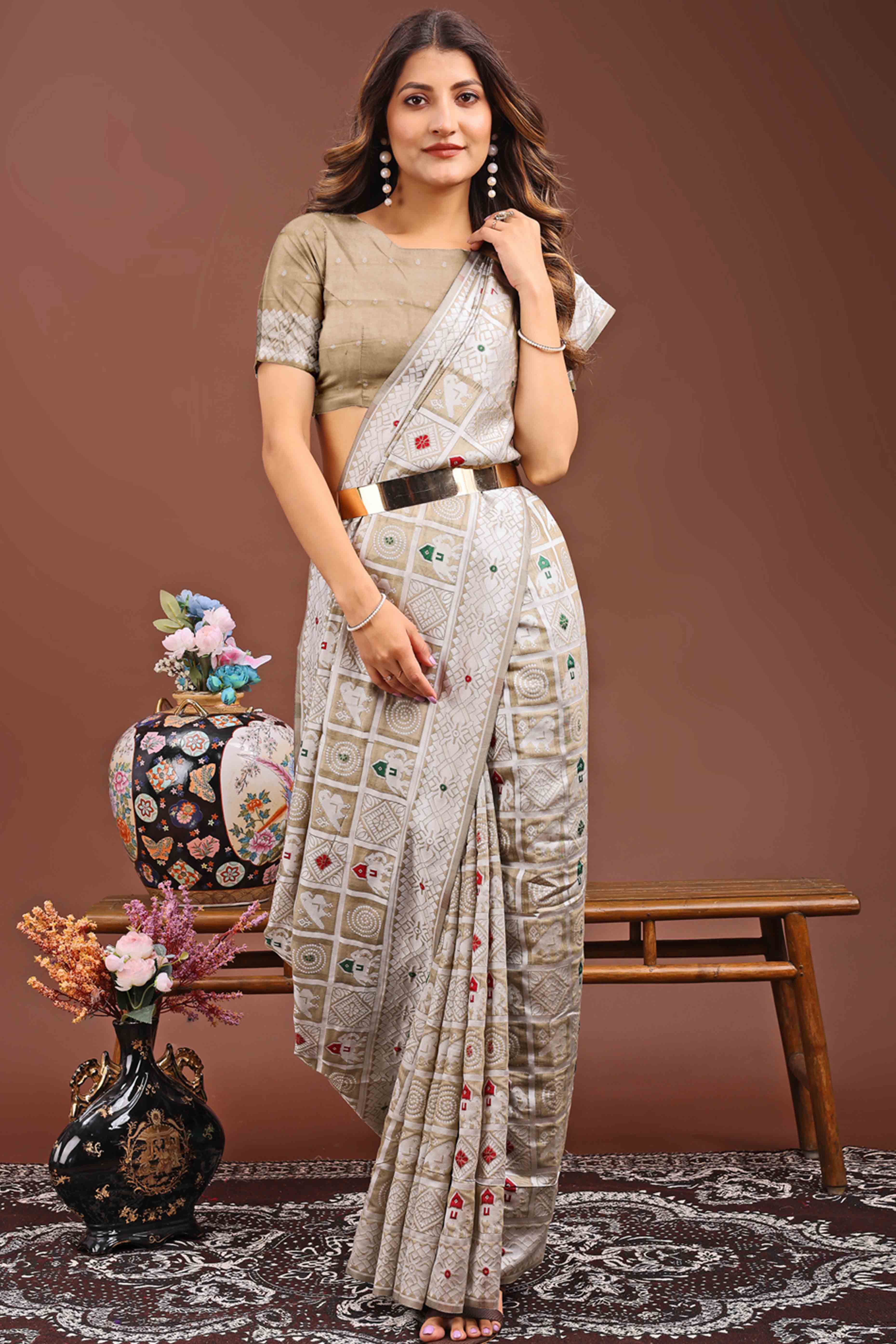 Brown Linen Cotton Saree Adorned With Zari Weaving & Tassel pallu
