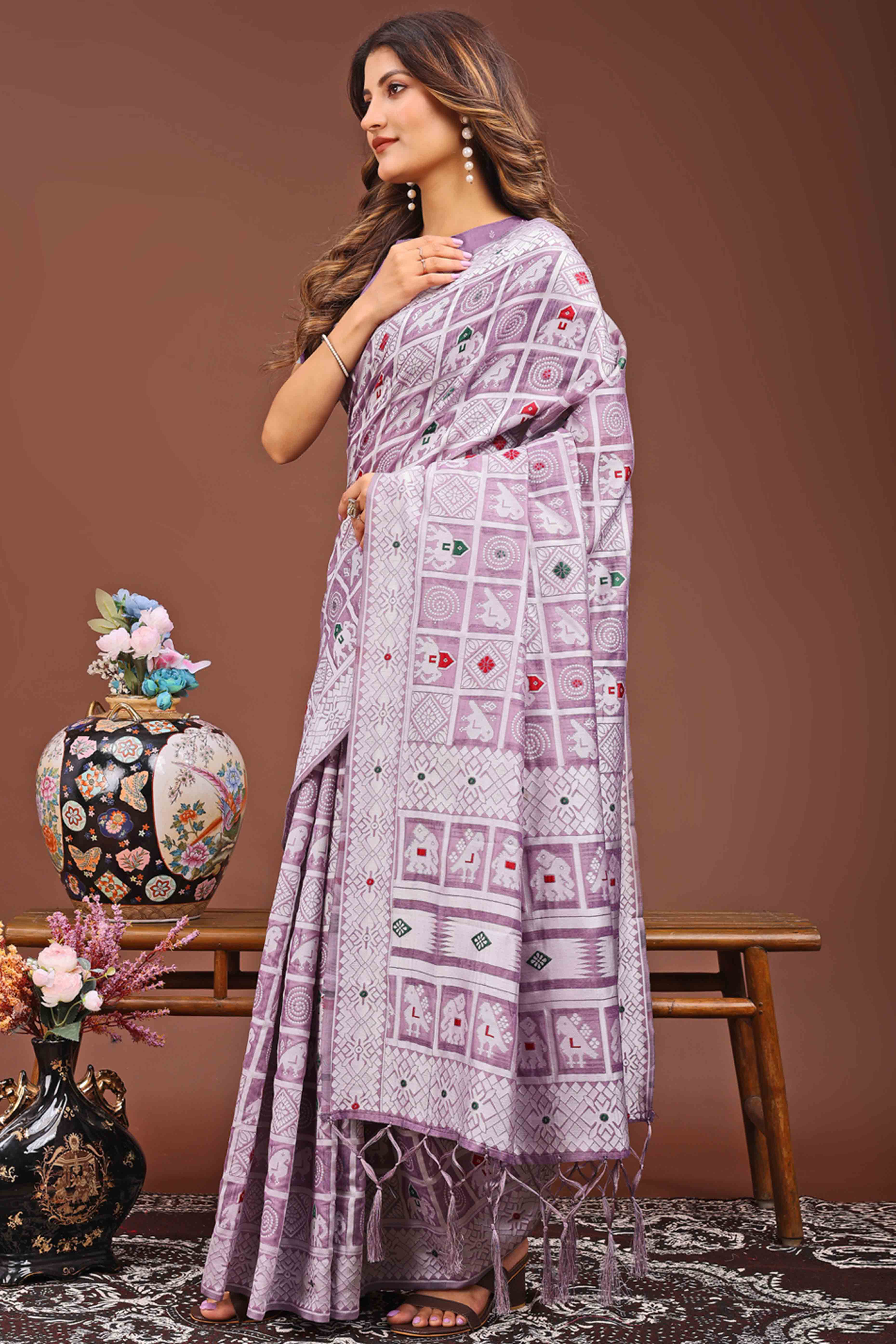 Lilac Purple Linen Cotton Saree Adorned With Zari Weaving & Tassel pallu
