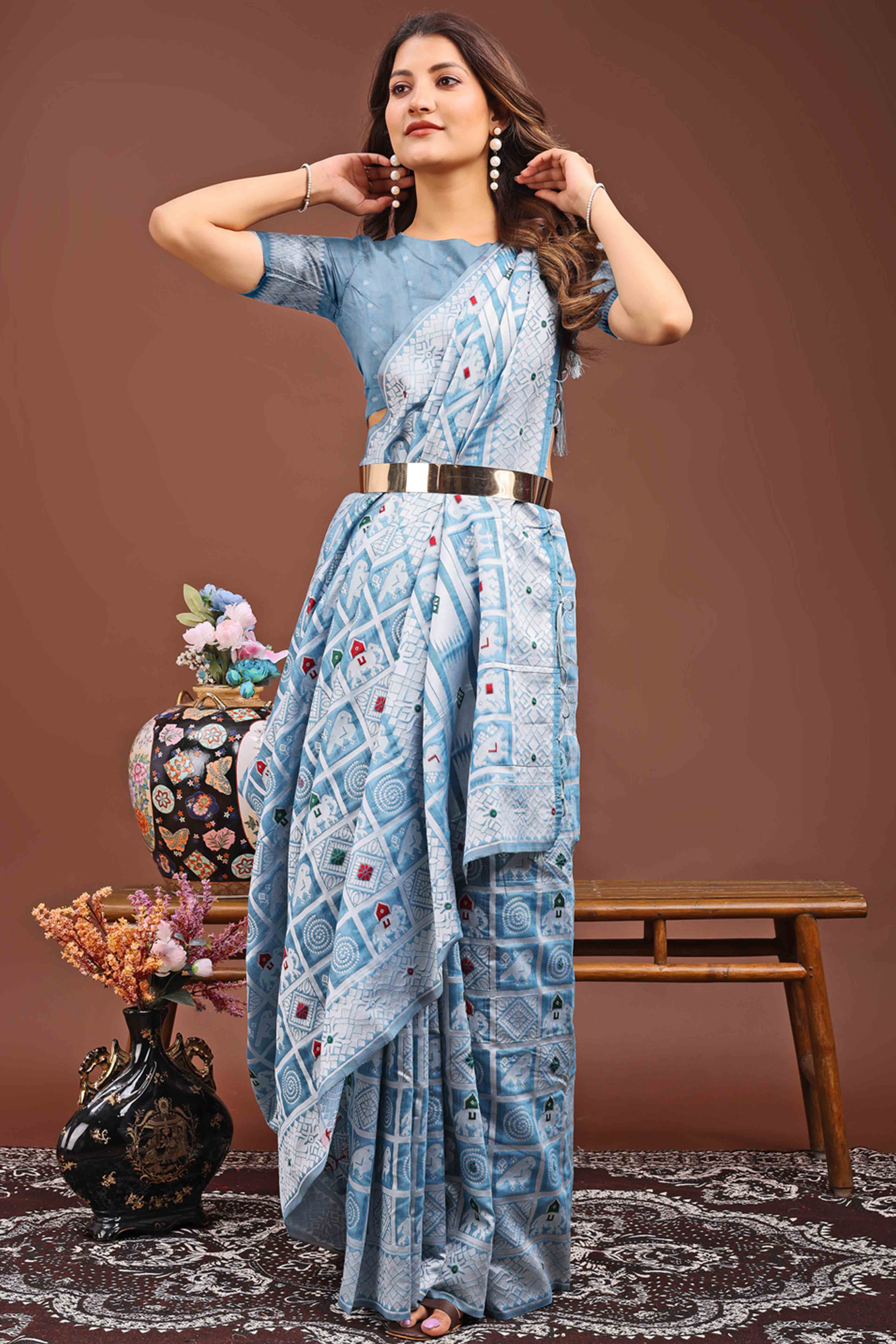 Blue Linen Cotton Saree Adorned With Zari Weaving & Tassel pallu