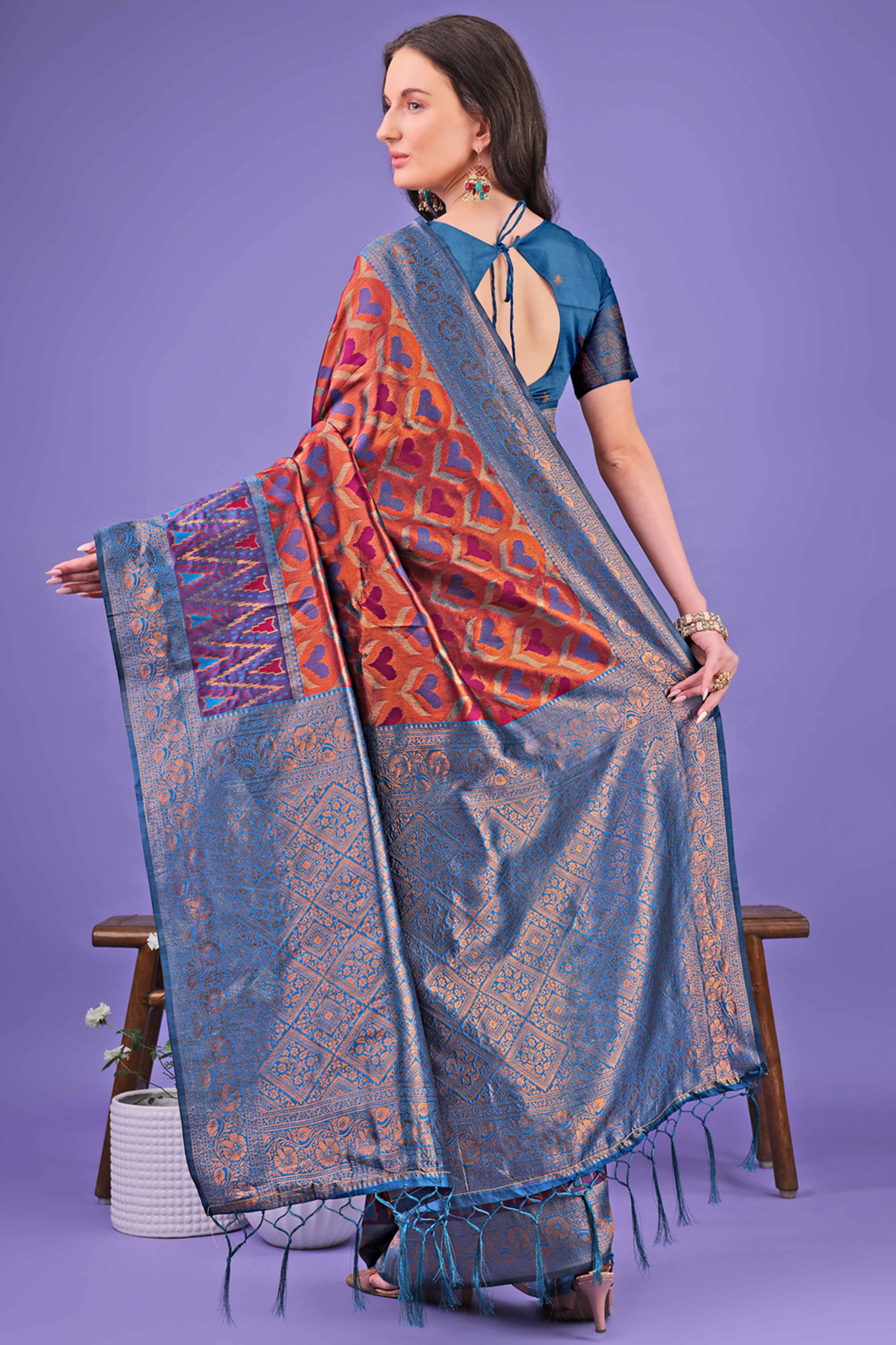 Rust Heart Motif Zari Woven Lichi Cotton Silk Saree With Flowing Tassels