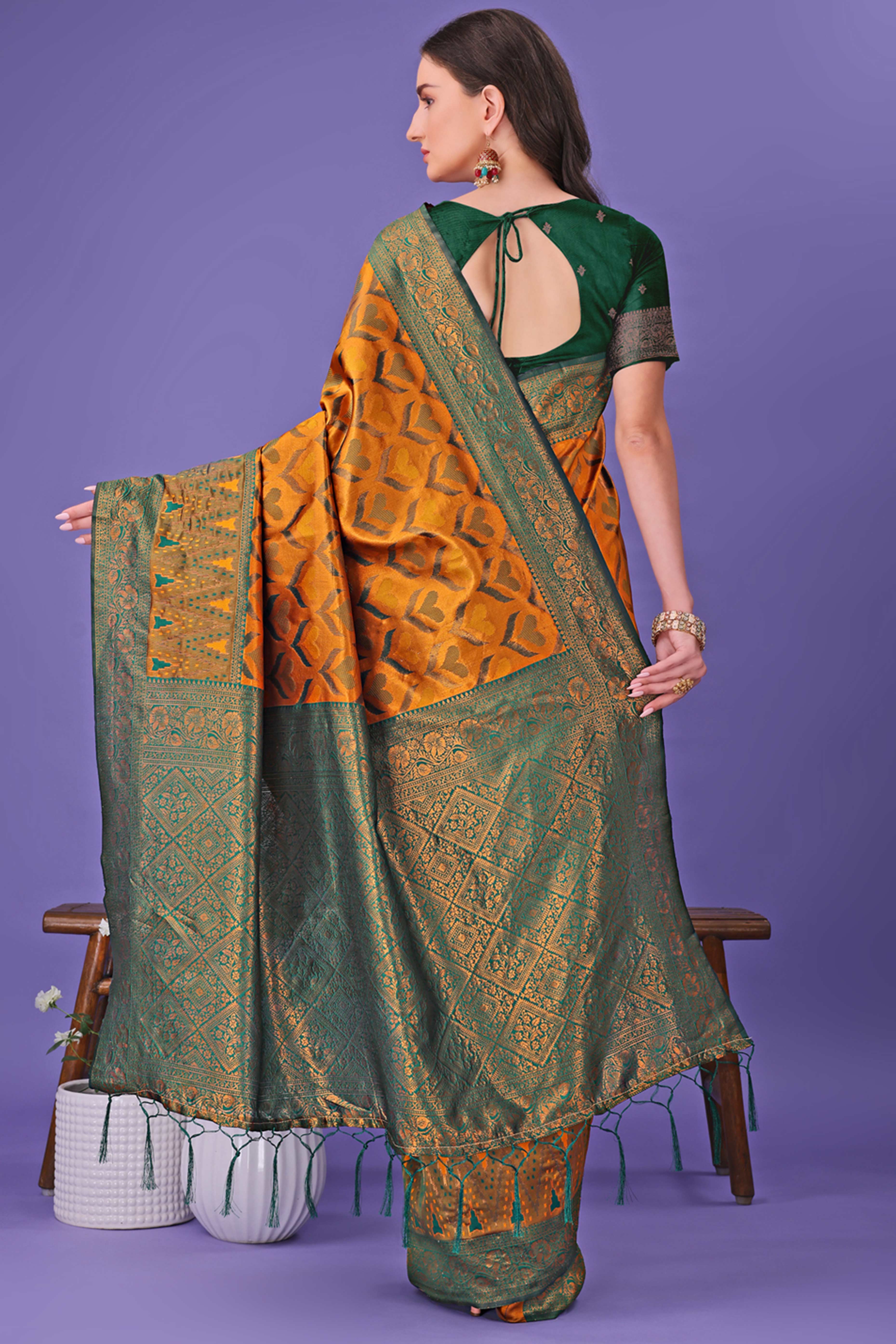 Mustard Heart Motif Zari Woven Lichi Cotton Silk Saree With Flowing Tassels
