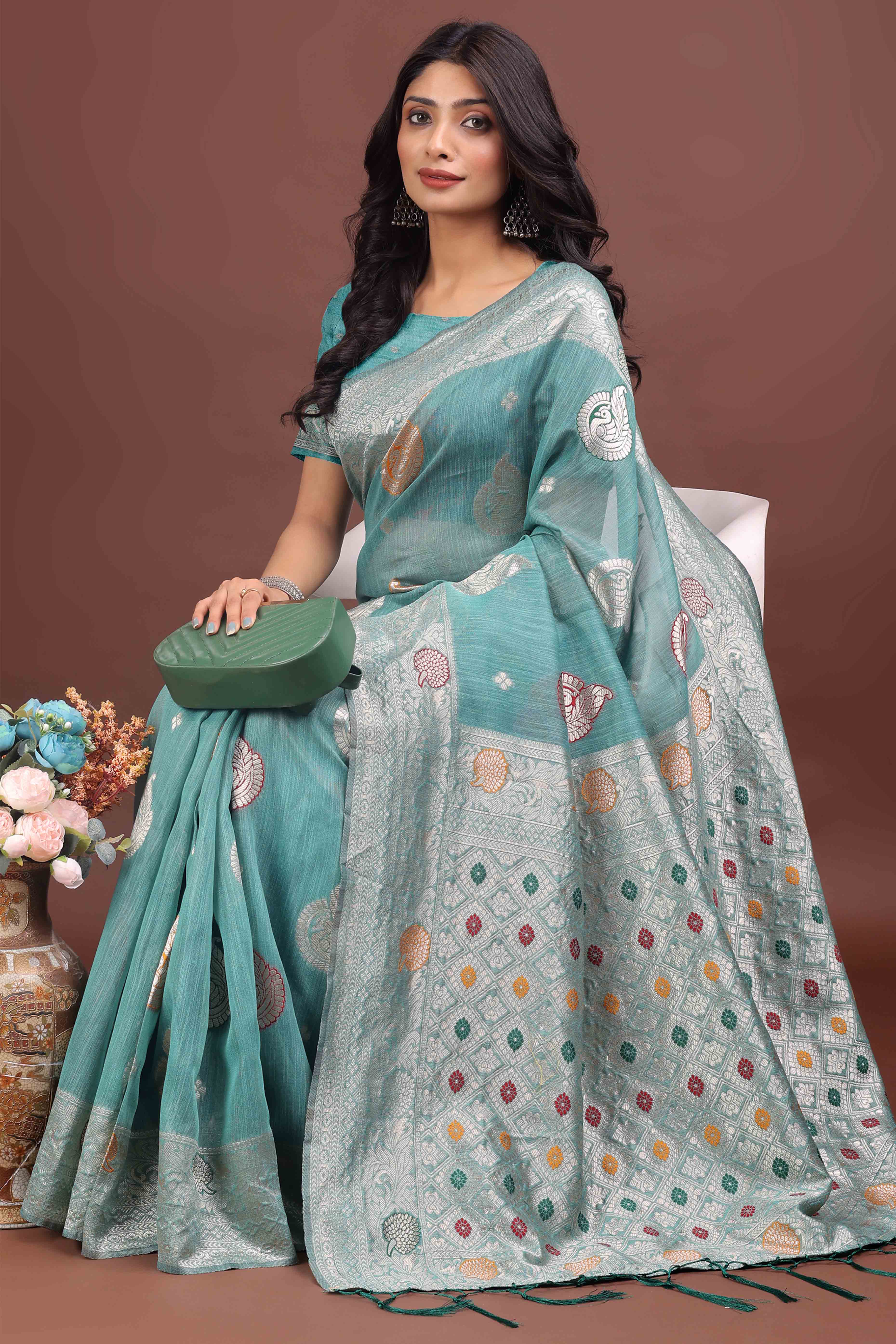 Blue Lichi Cotton Blend Saree With Zari Floral Weaving & Tassel Detailing