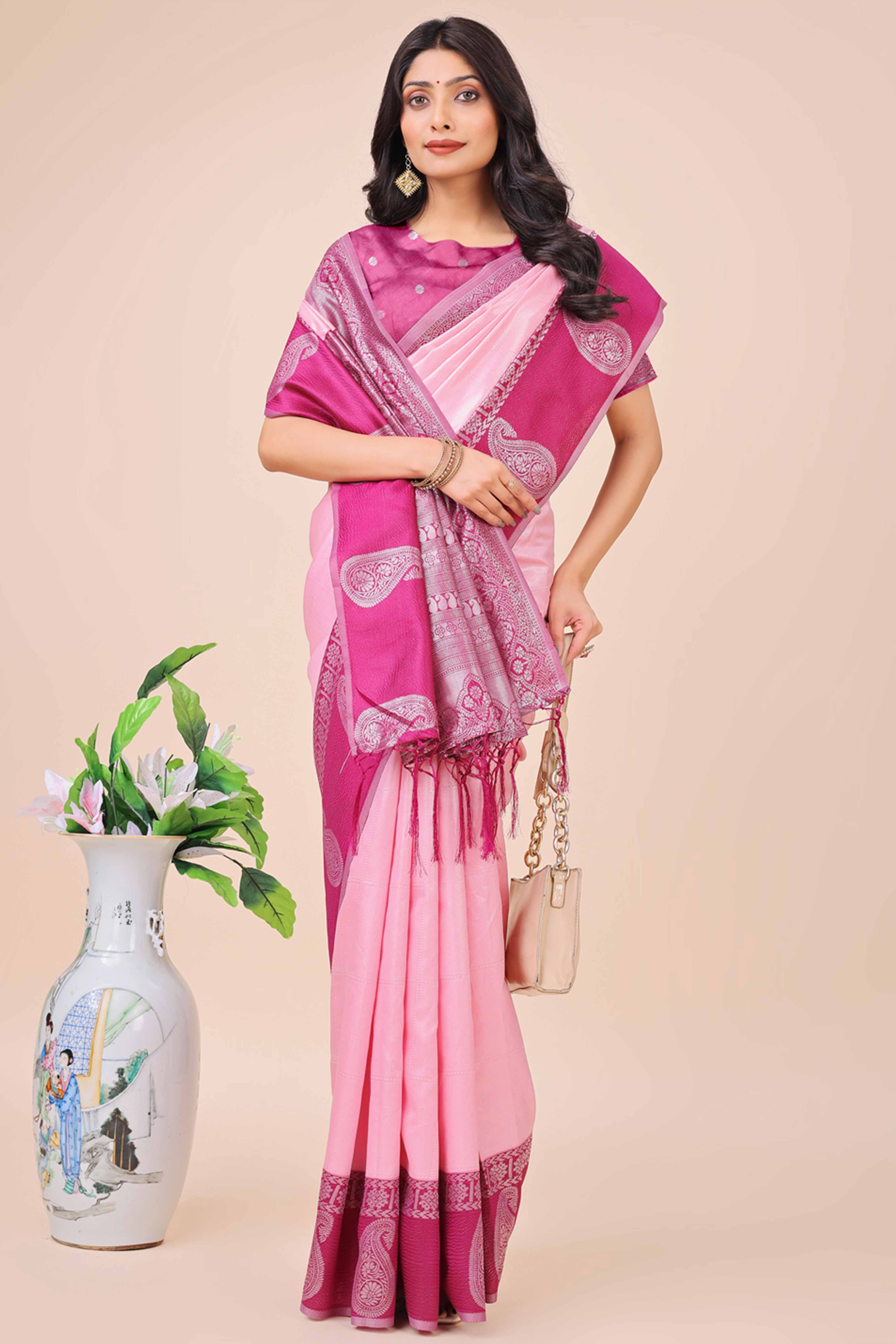 Light Pink Lichi Silk Blend Saree With Intricate Paisley Zari Weave & Graceful Tassels