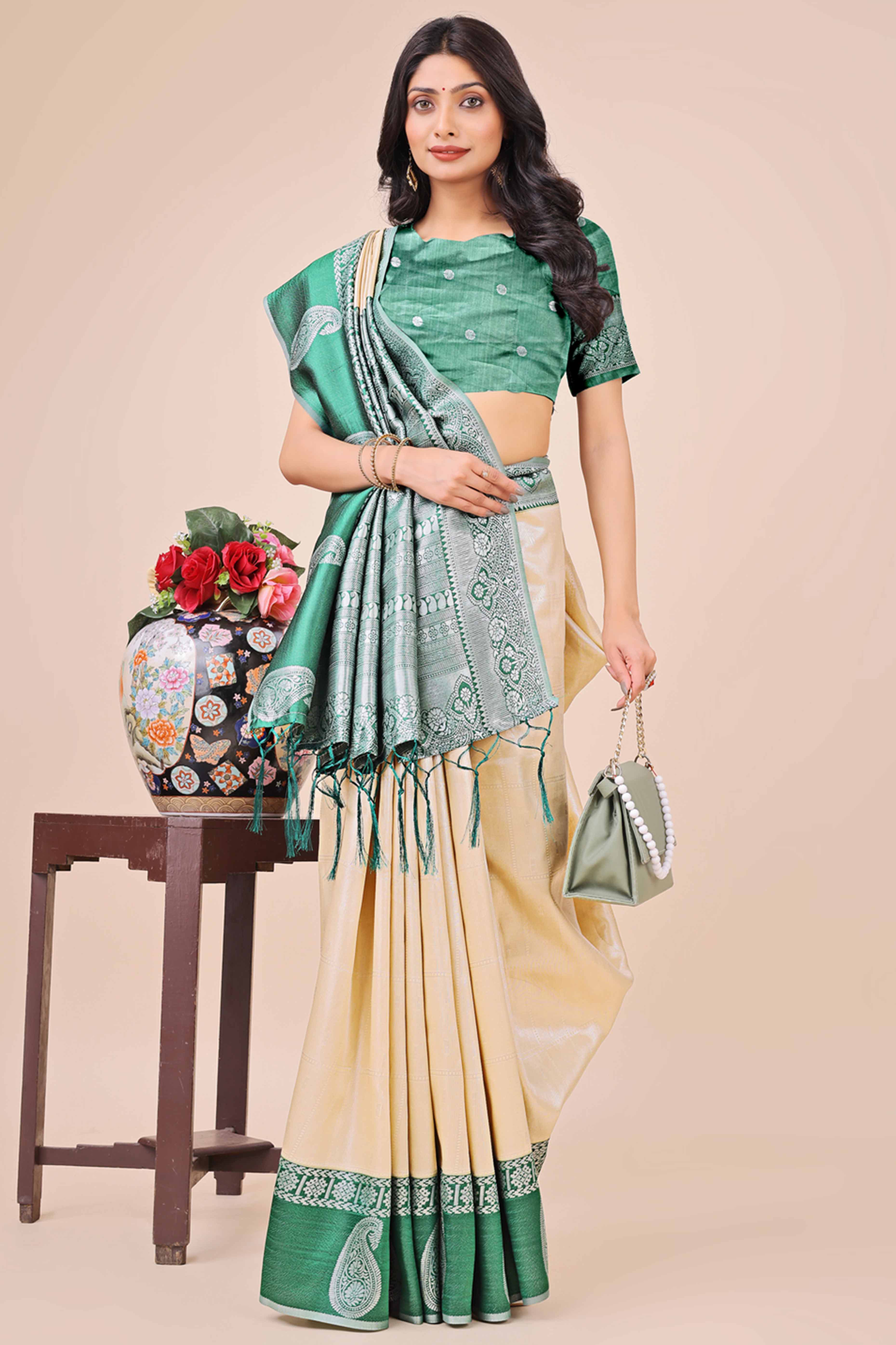 Cream Lichi Silk Blend Saree With Intricate Paisley Zari Weave & Graceful Tassels