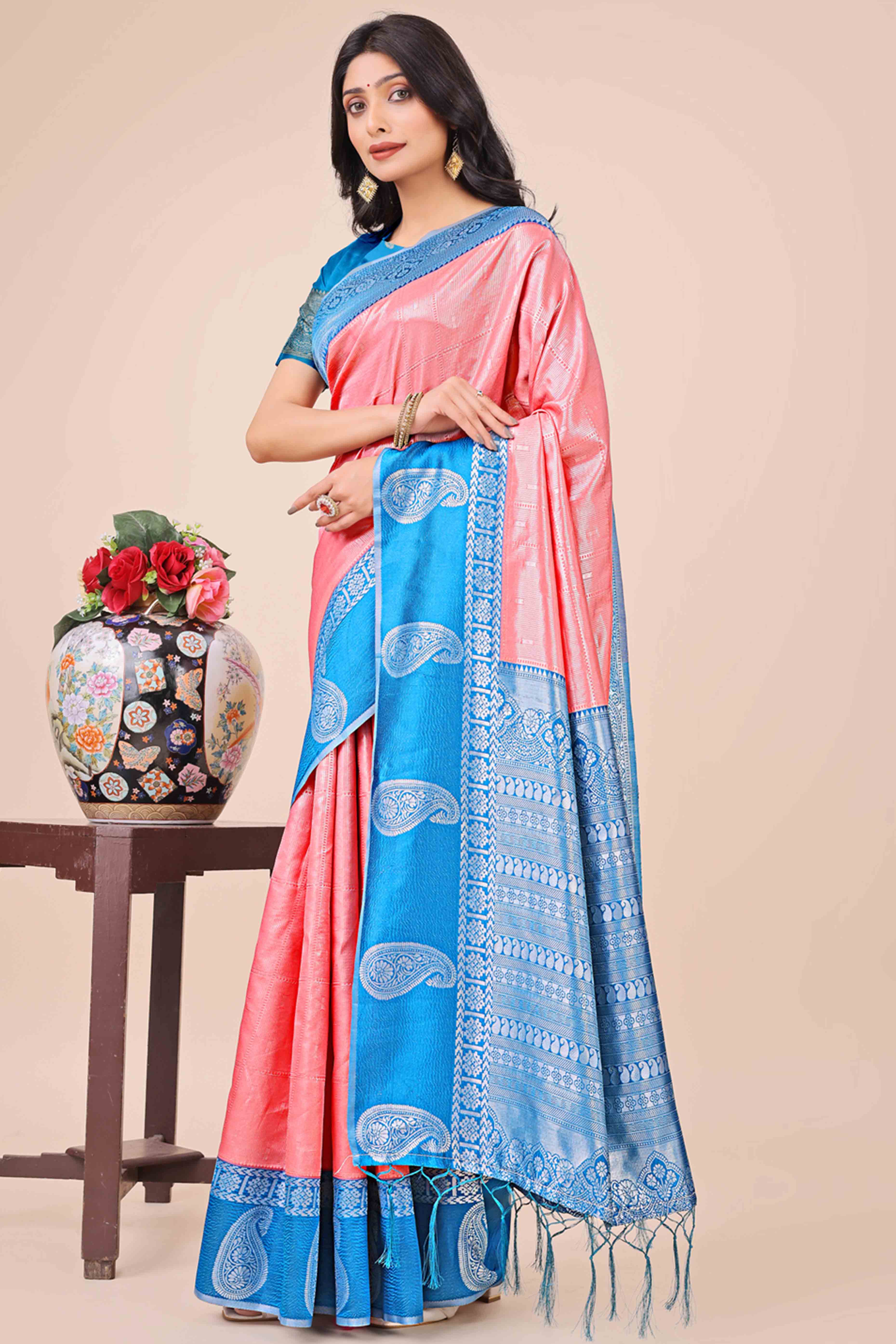 11Peach Lichi Silk Blend Saree With Intricate Paisley Zari Weave & Graceful Tassels