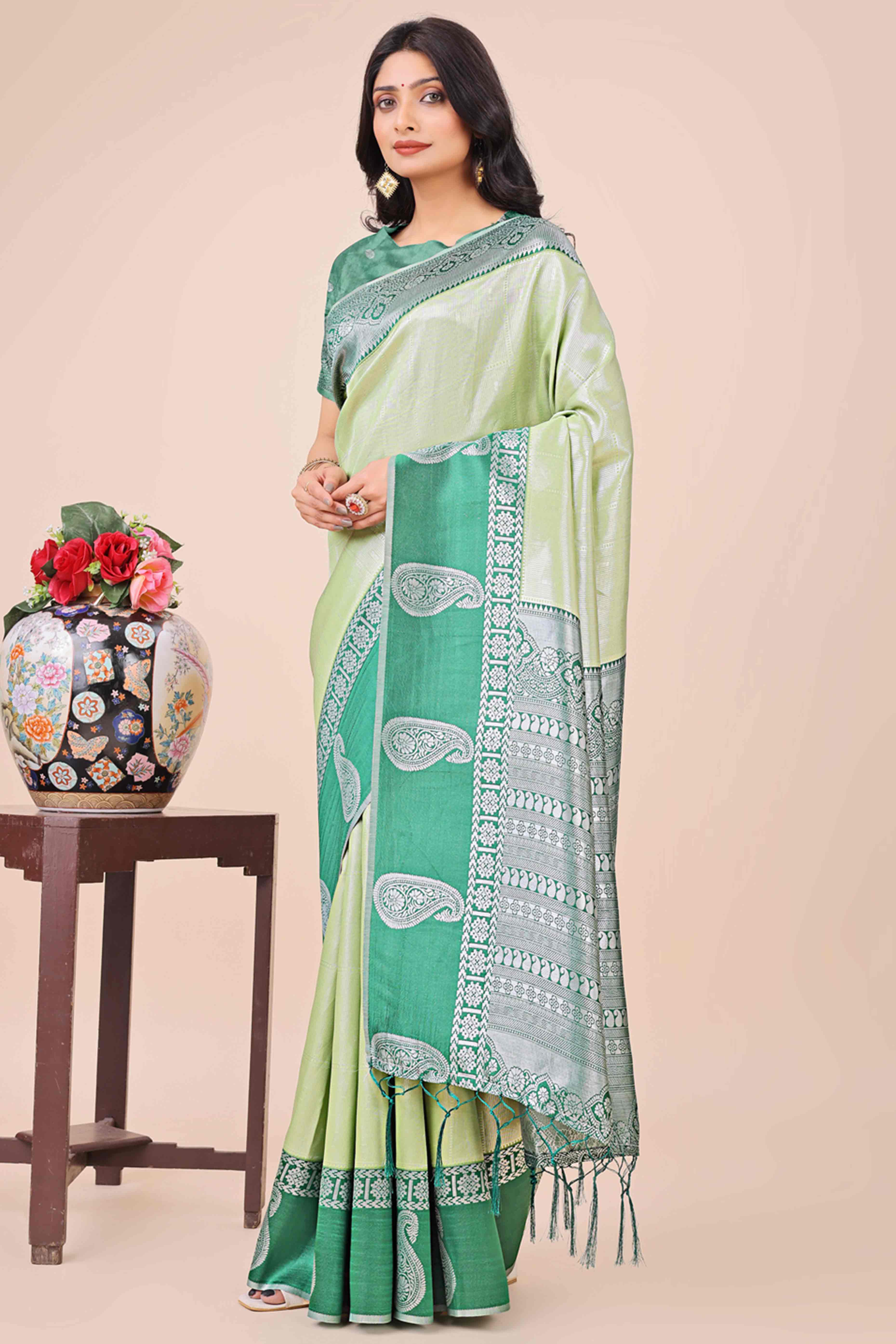 Green Lichi Silk Blend Saree With Intricate Paisley Zari Weave & Graceful Tassels