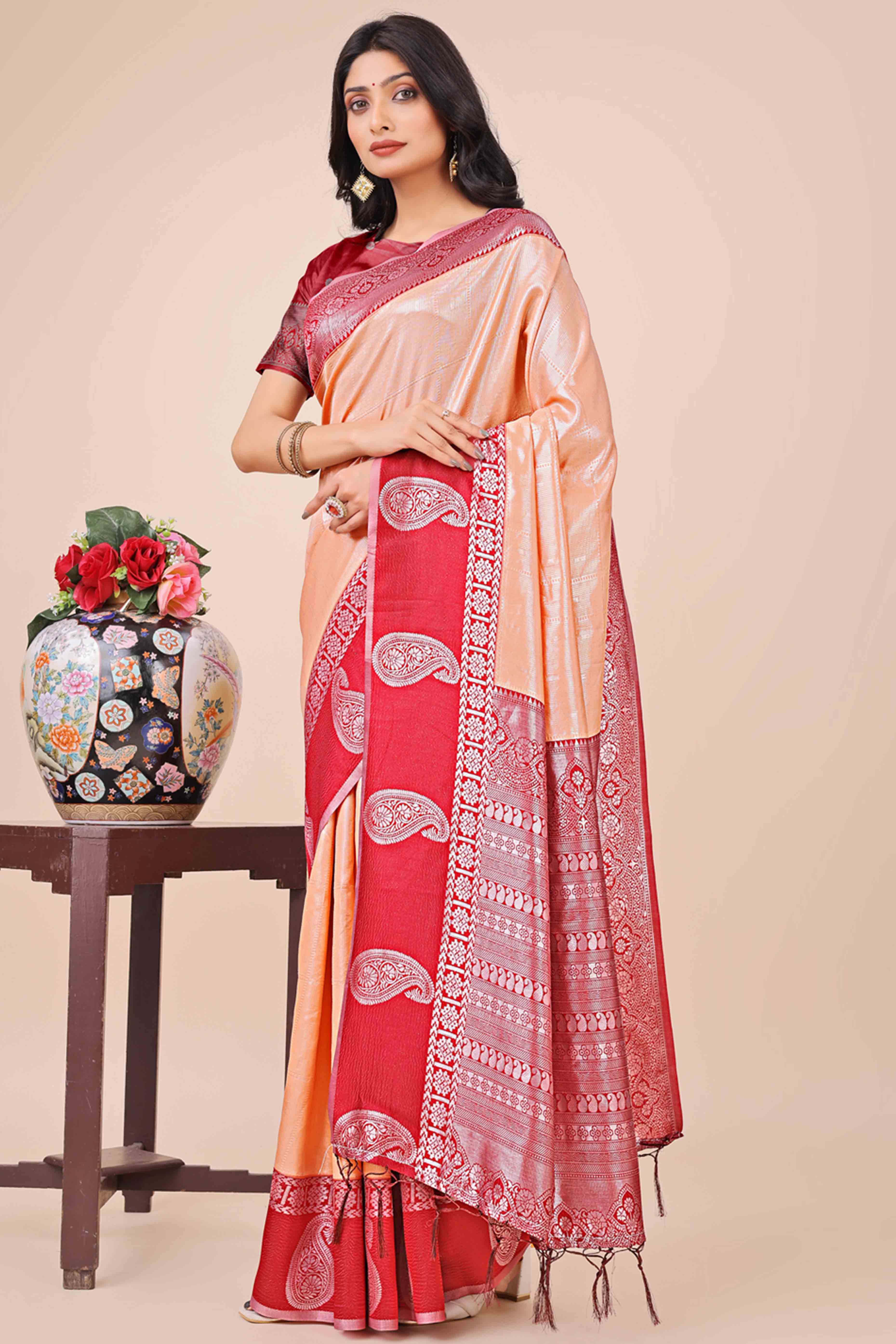 Peach Lichi Silk Blend Saree With Intricate Paisley Zari Weave & Graceful Tassels
