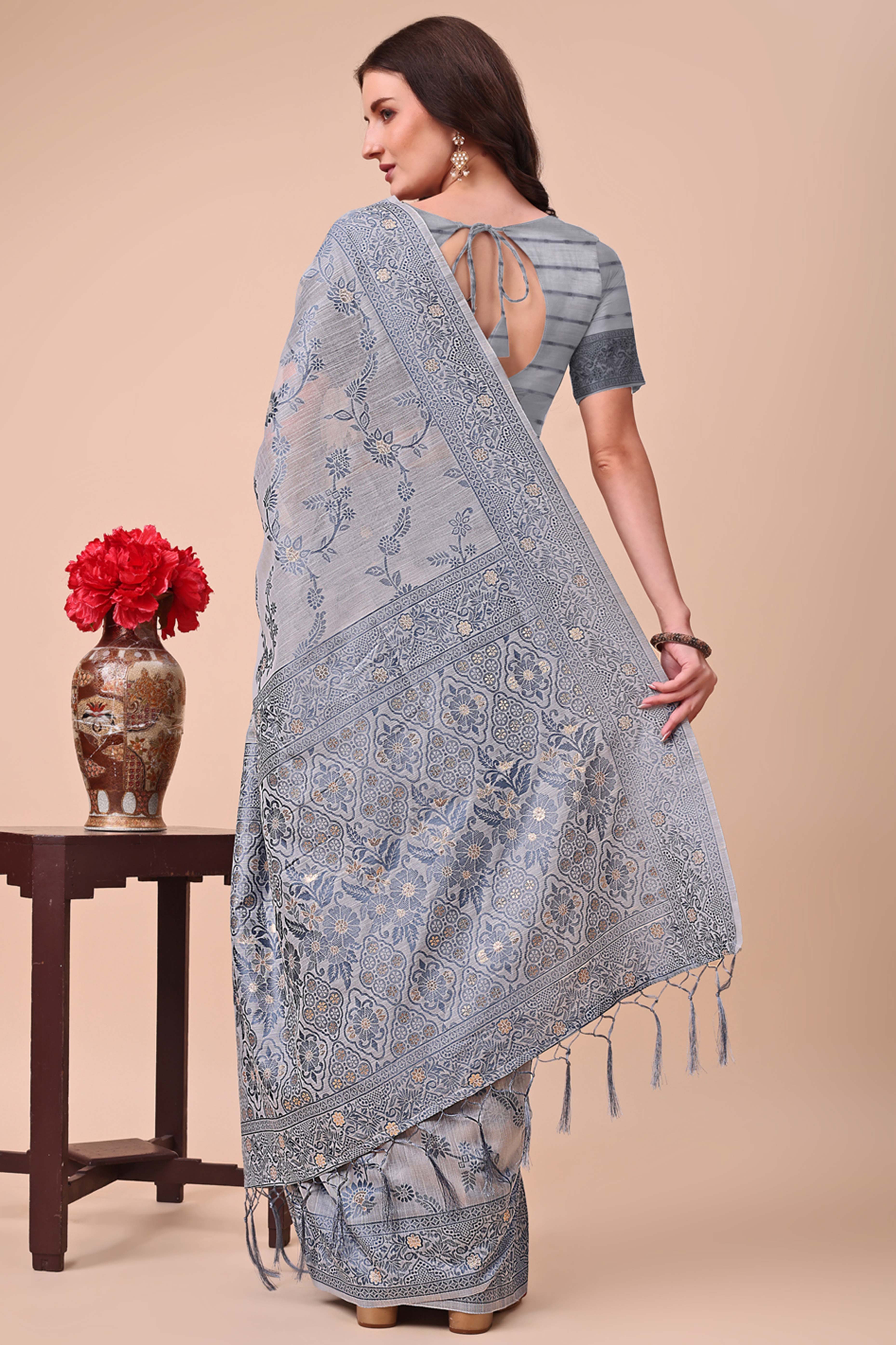 Grey Floral Zari Woven Cotton Blend Saree With Delicate Tassel Detailing