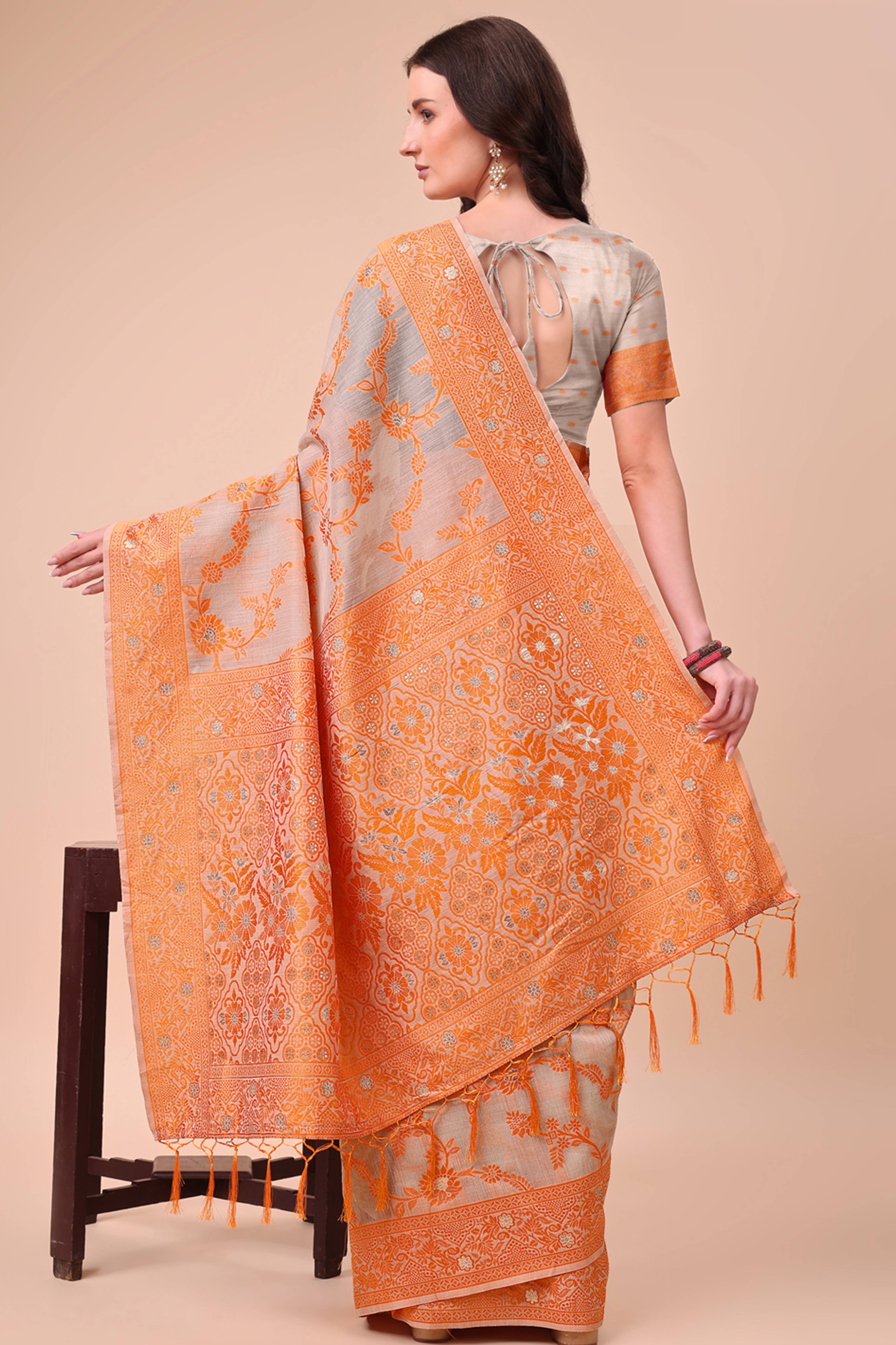 Orange Floral Zari Woven Cotton Blend Saree With Delicate Tassel Detailing