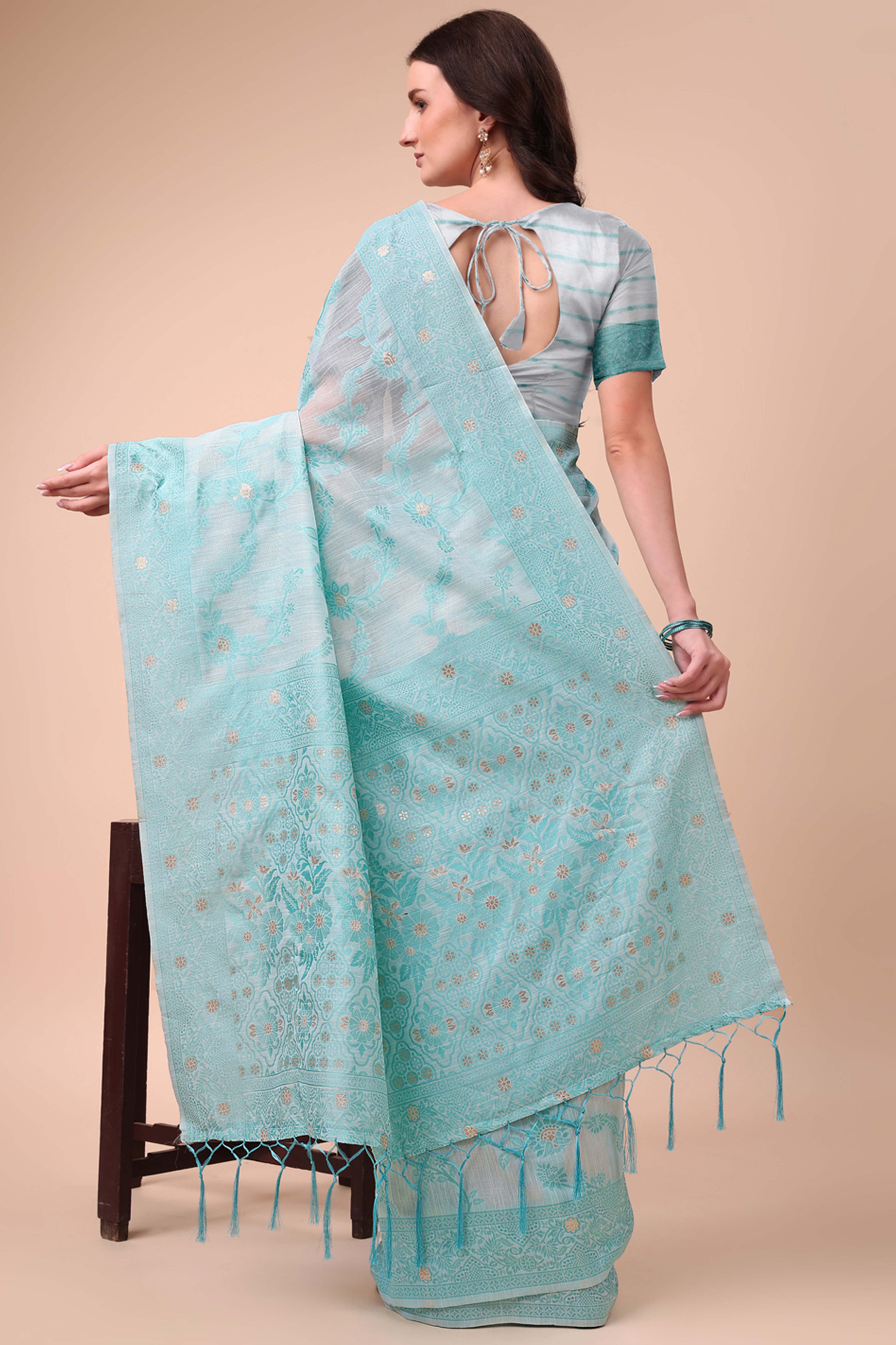 Blue Floral Zari Woven Cotton Blend Saree With Delicate Tassel Detailing