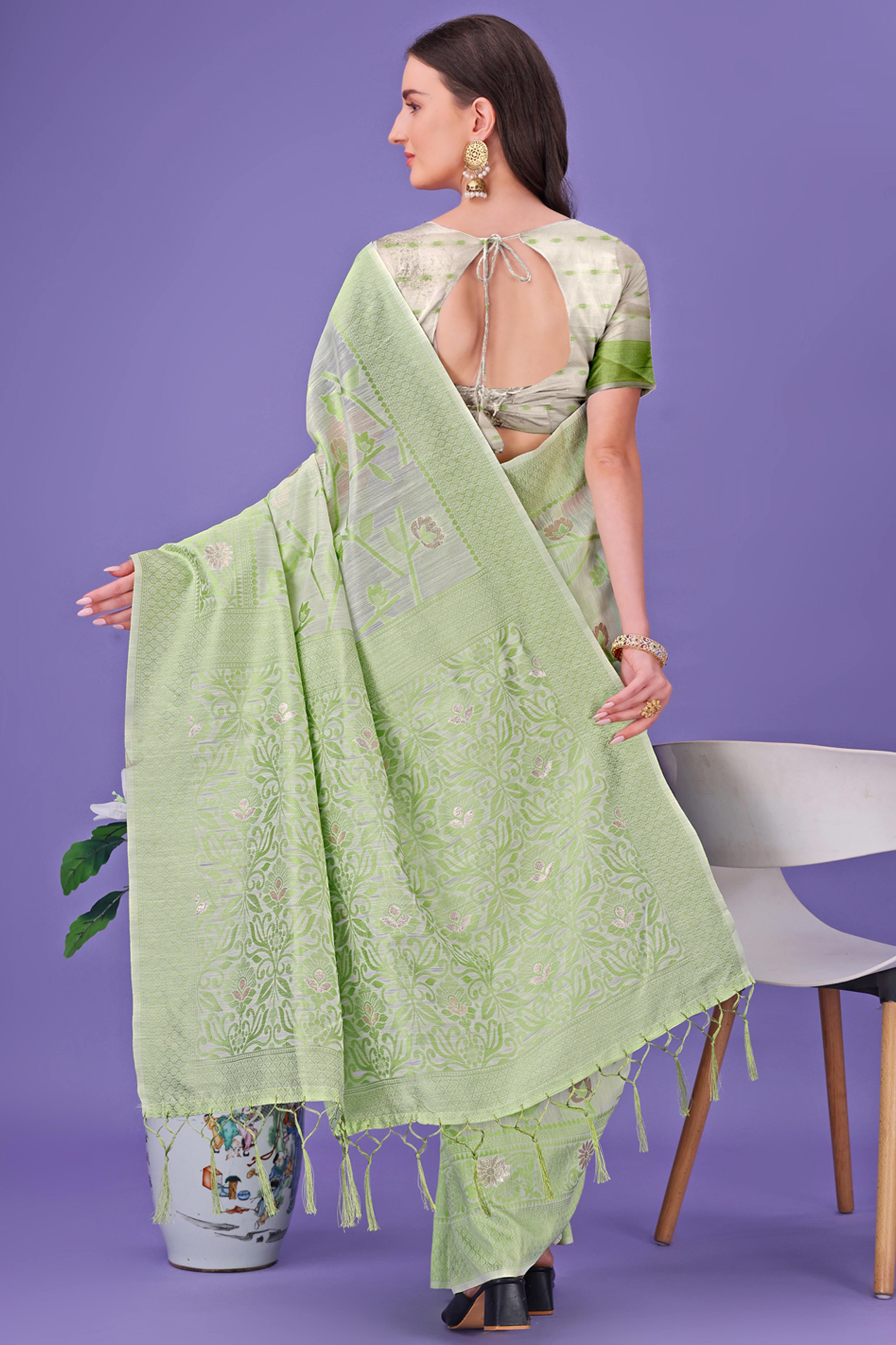 Light Green Floral Pattern Woven Saree in a Soft Cotton Blend with Tasseled Edges