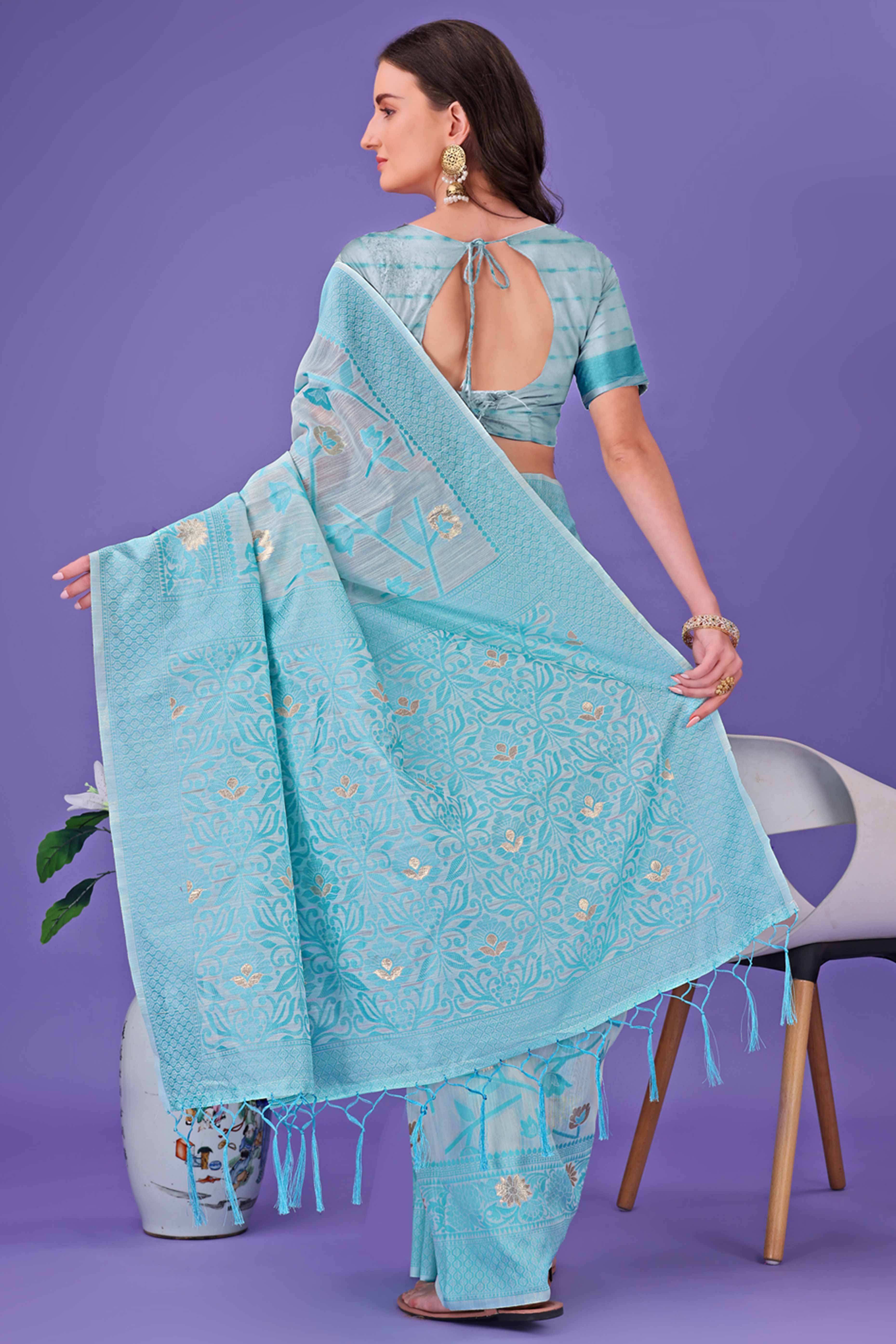 Sky Blue Floral Pattern Woven Saree in a Soft Cotton Blend with Tasseled Edges