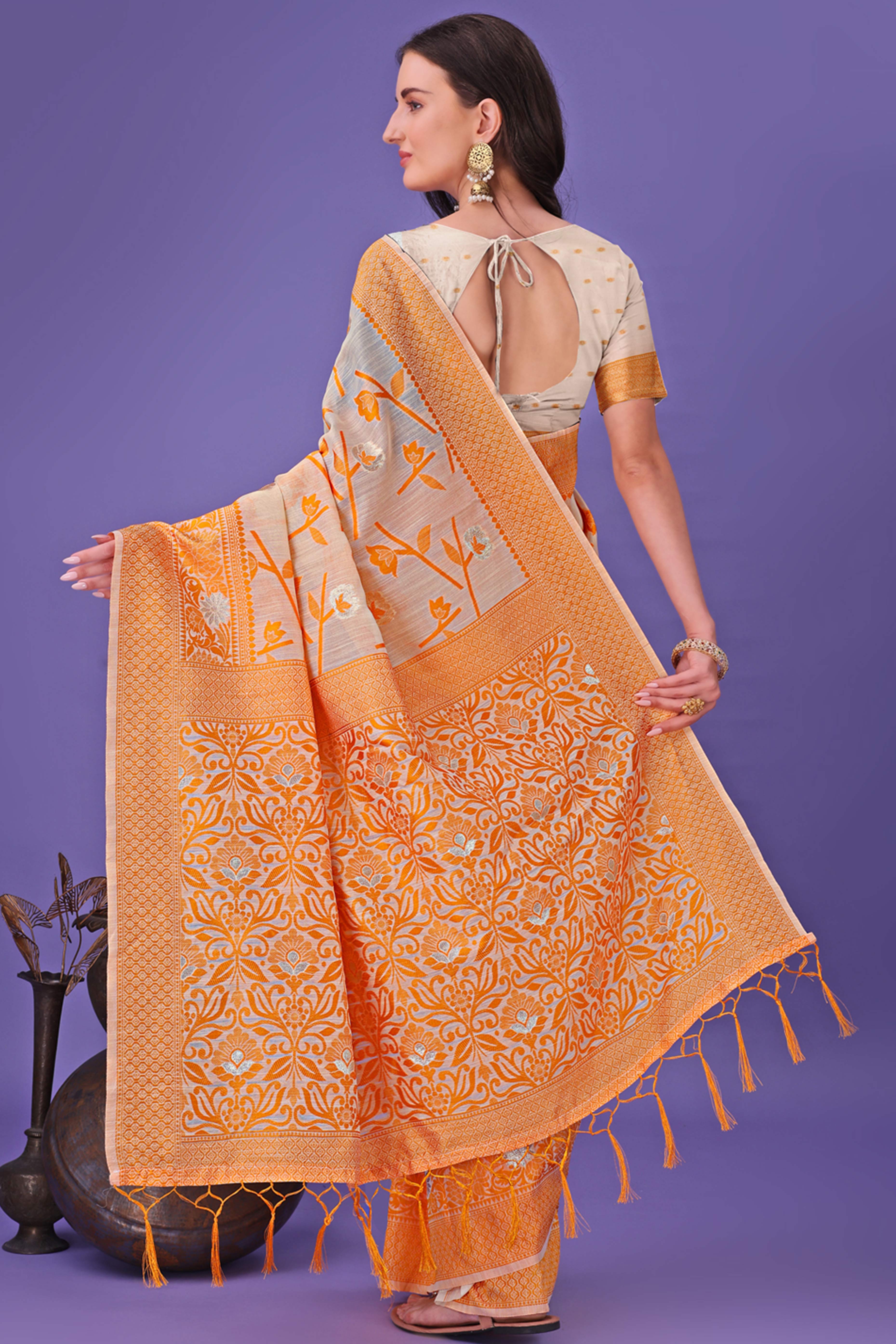 Orange Floral Pattern Woven Saree in a Soft Cotton Blend with Tasseled Edges