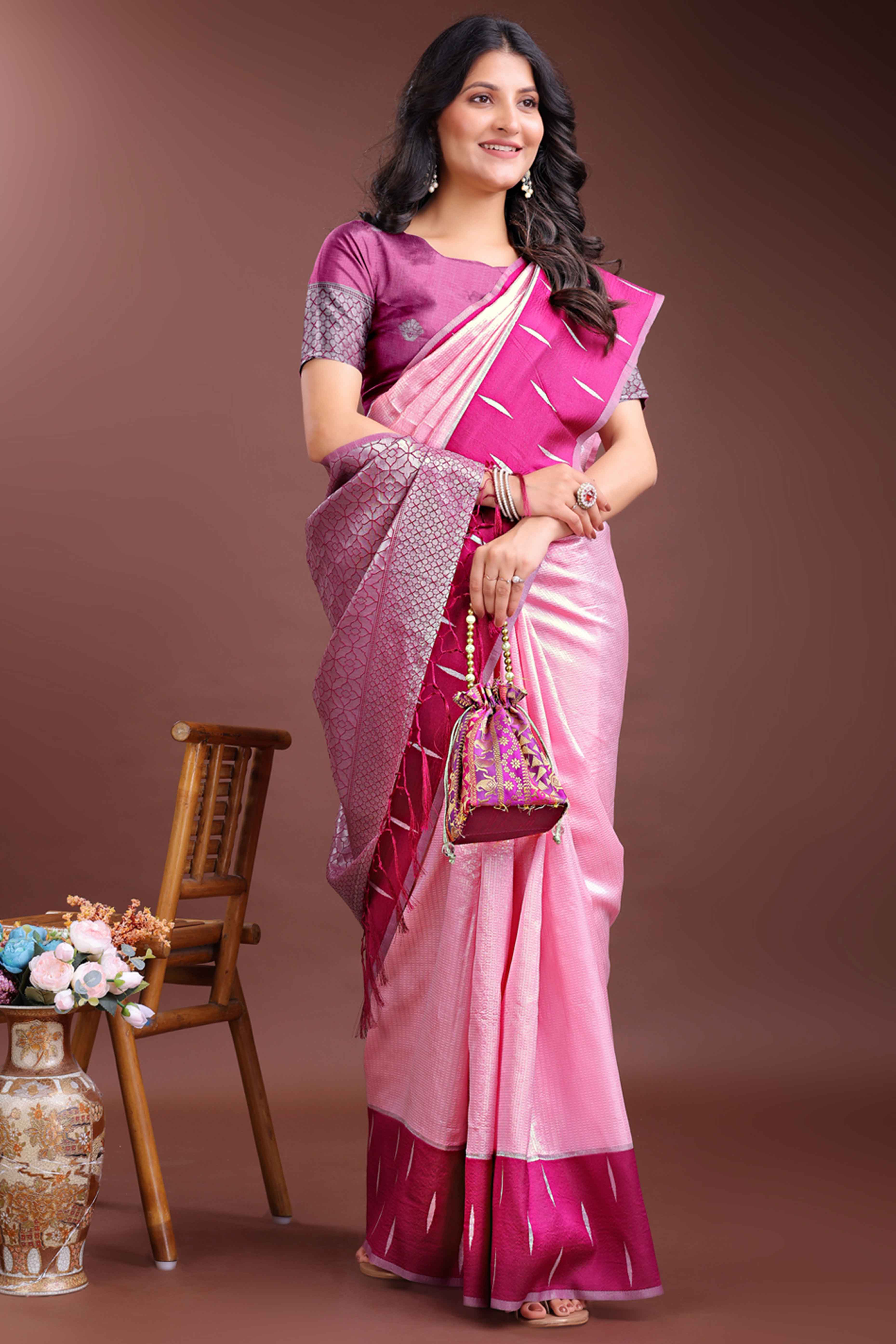 Exquisite Pink Zari Weaving Silk Blend Saree with Unmatched Grace