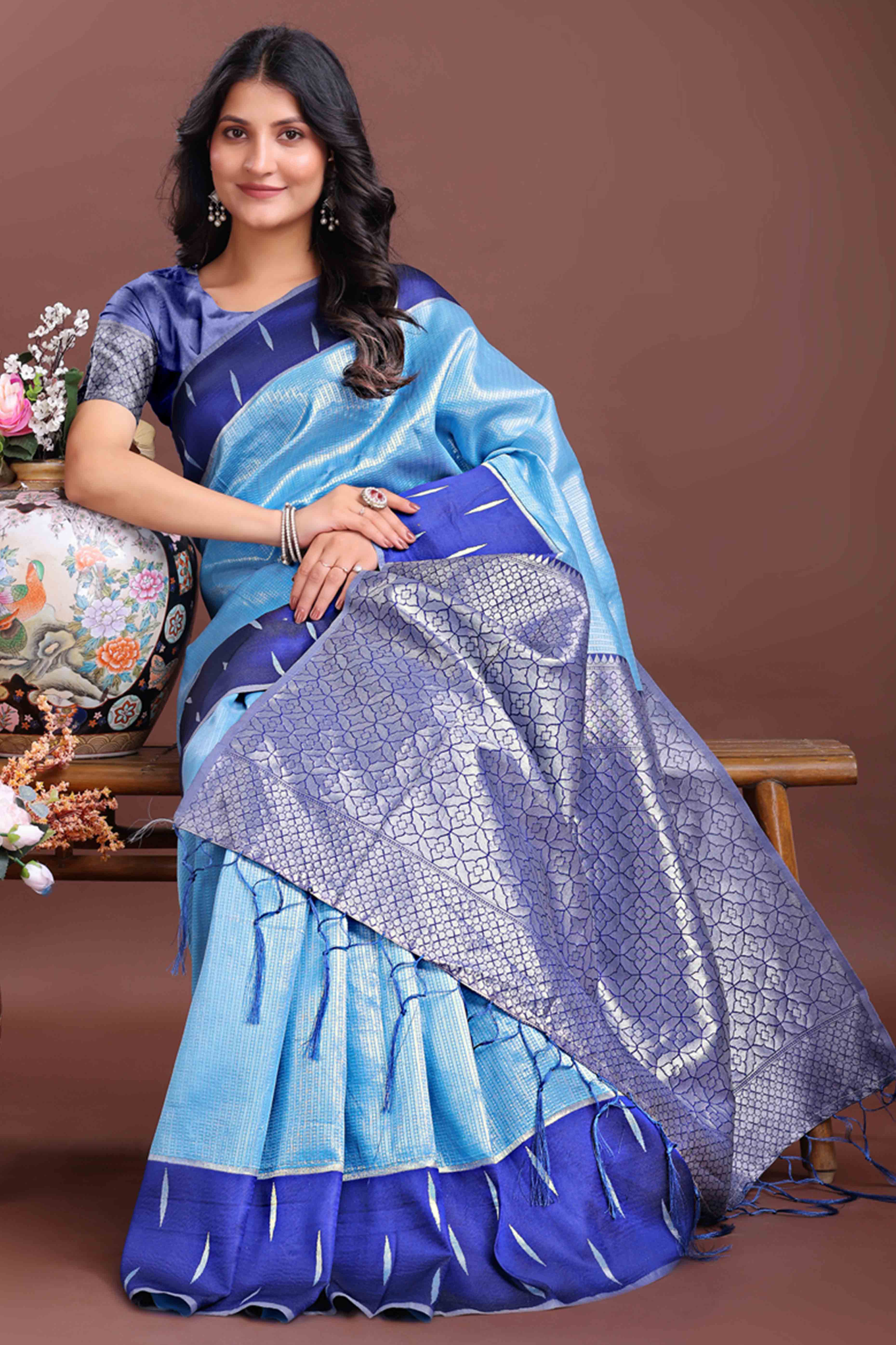 Serene Sky Blue Zari Weaving Silk Blend Saree of Pure Charm