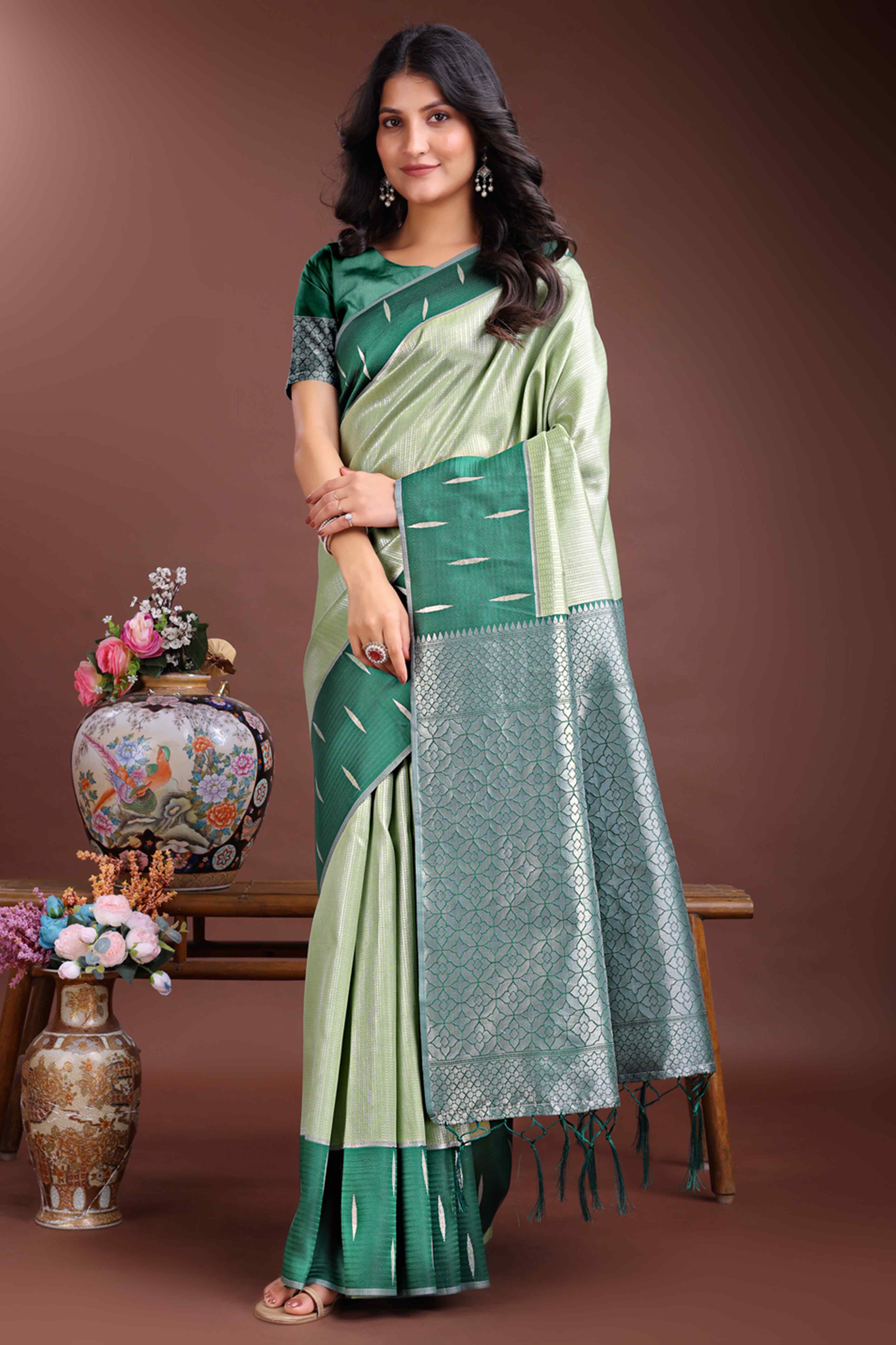 Soothing Light Green Zari Weaving Silk Blend Saree of Natural Harmony