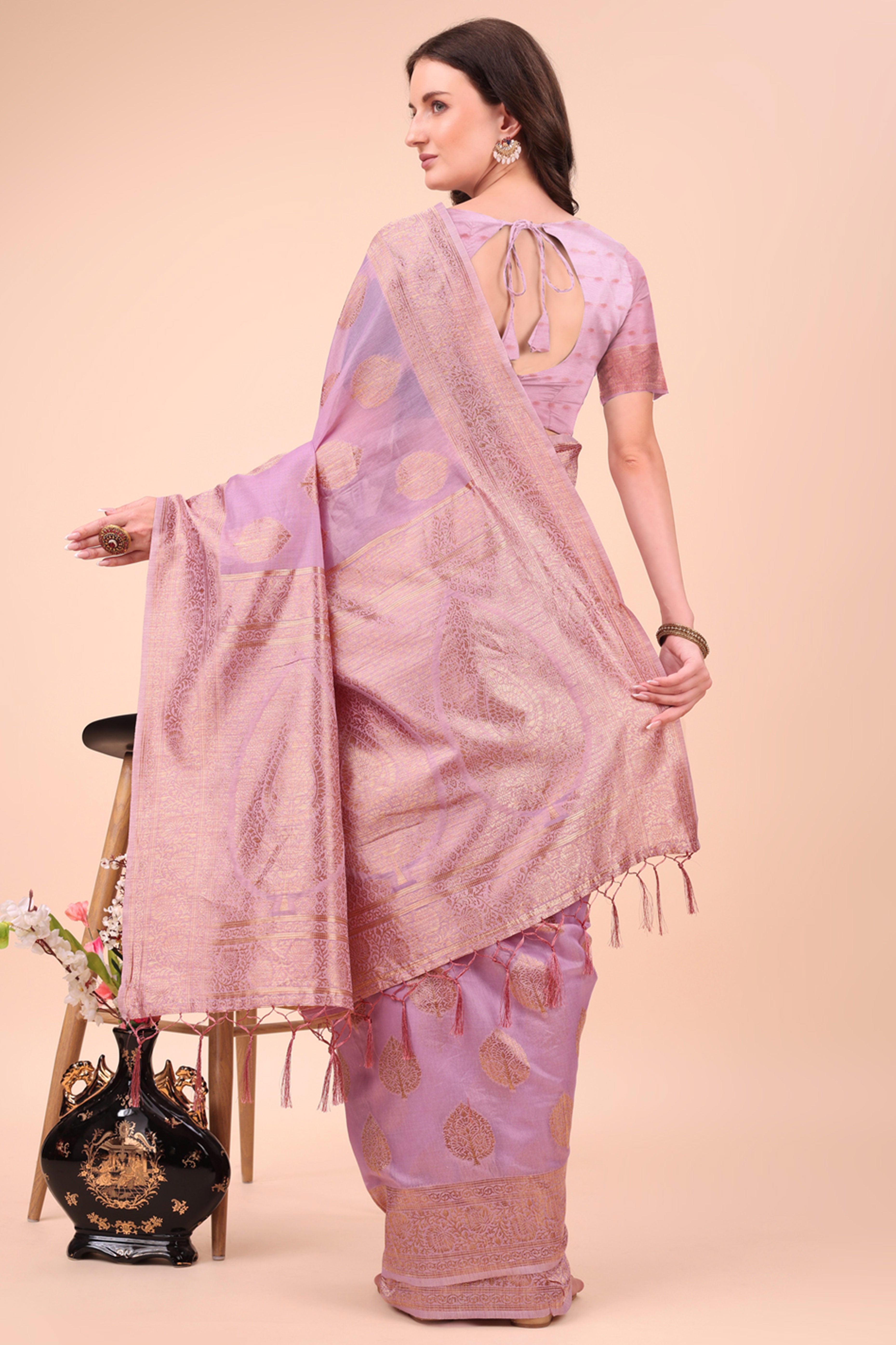 Lavender Cotton Blend Saree With Intricate Floral Zari Weaving & Elegant Tassel Accents