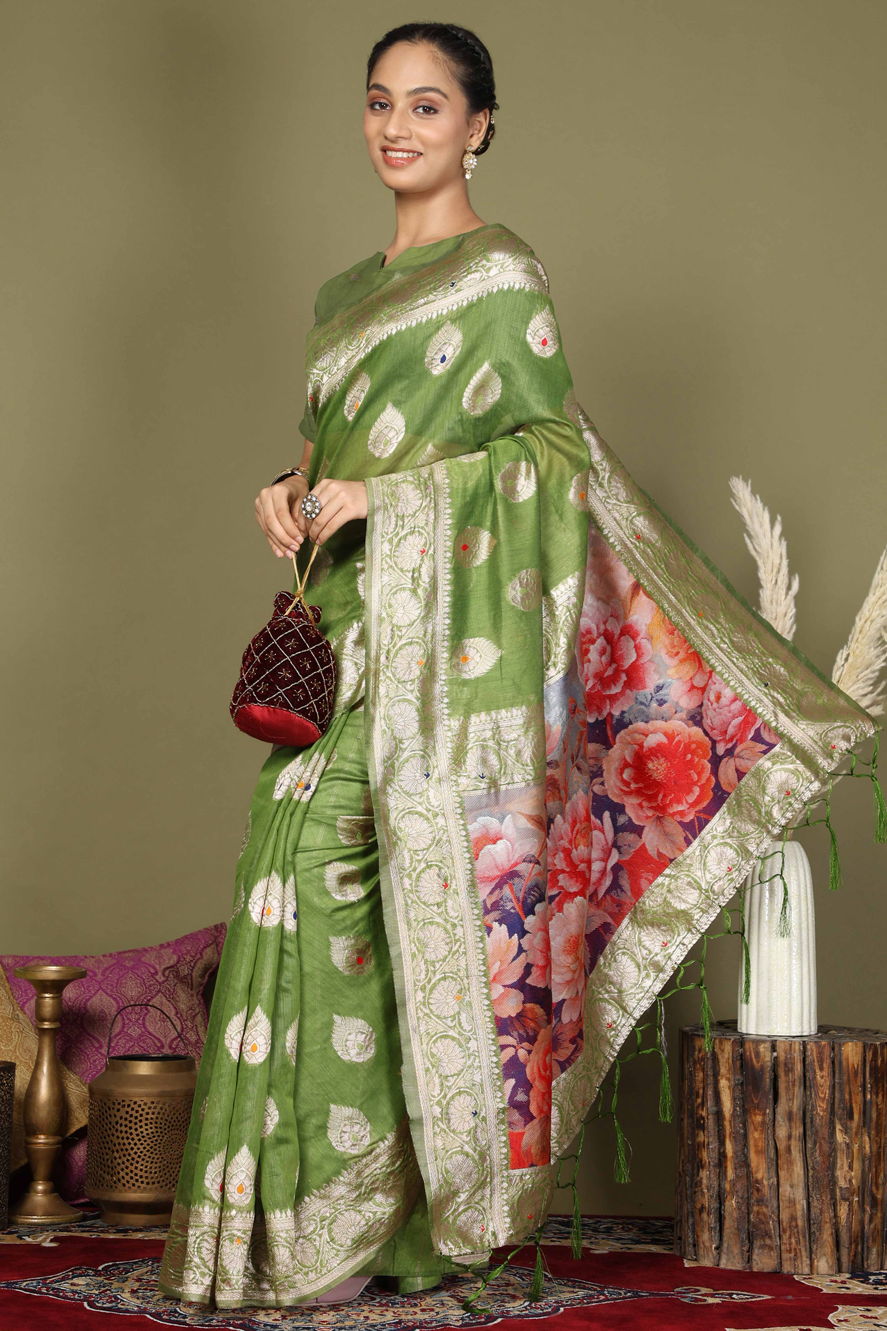 Green Saree In Linen Cotton Featuring Floral Zari Weaving & Digital Printed Pallu