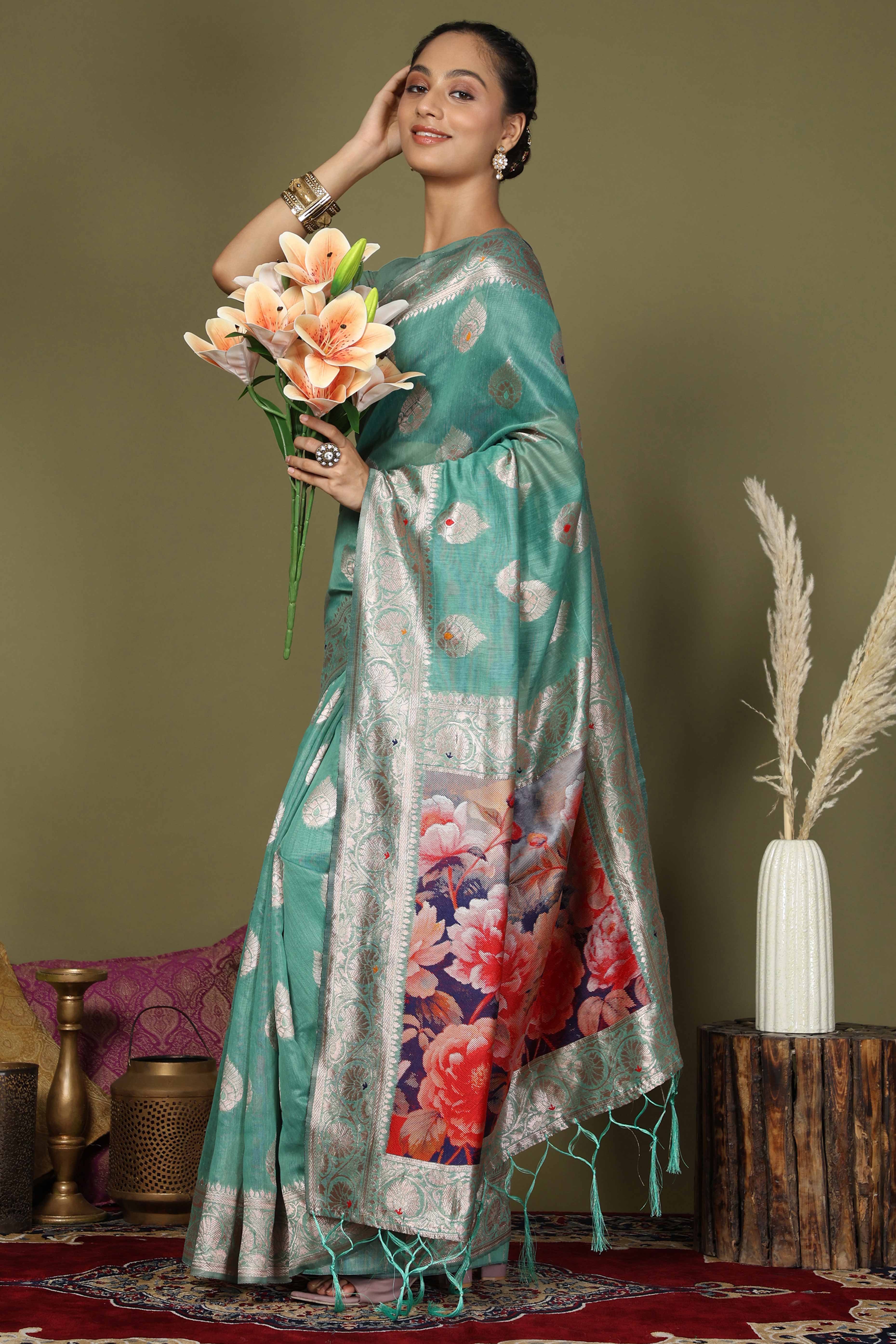 Turquoise Saree In Linen Cotton Featuring Floral Zari Weaving & Digital Printed Pallu