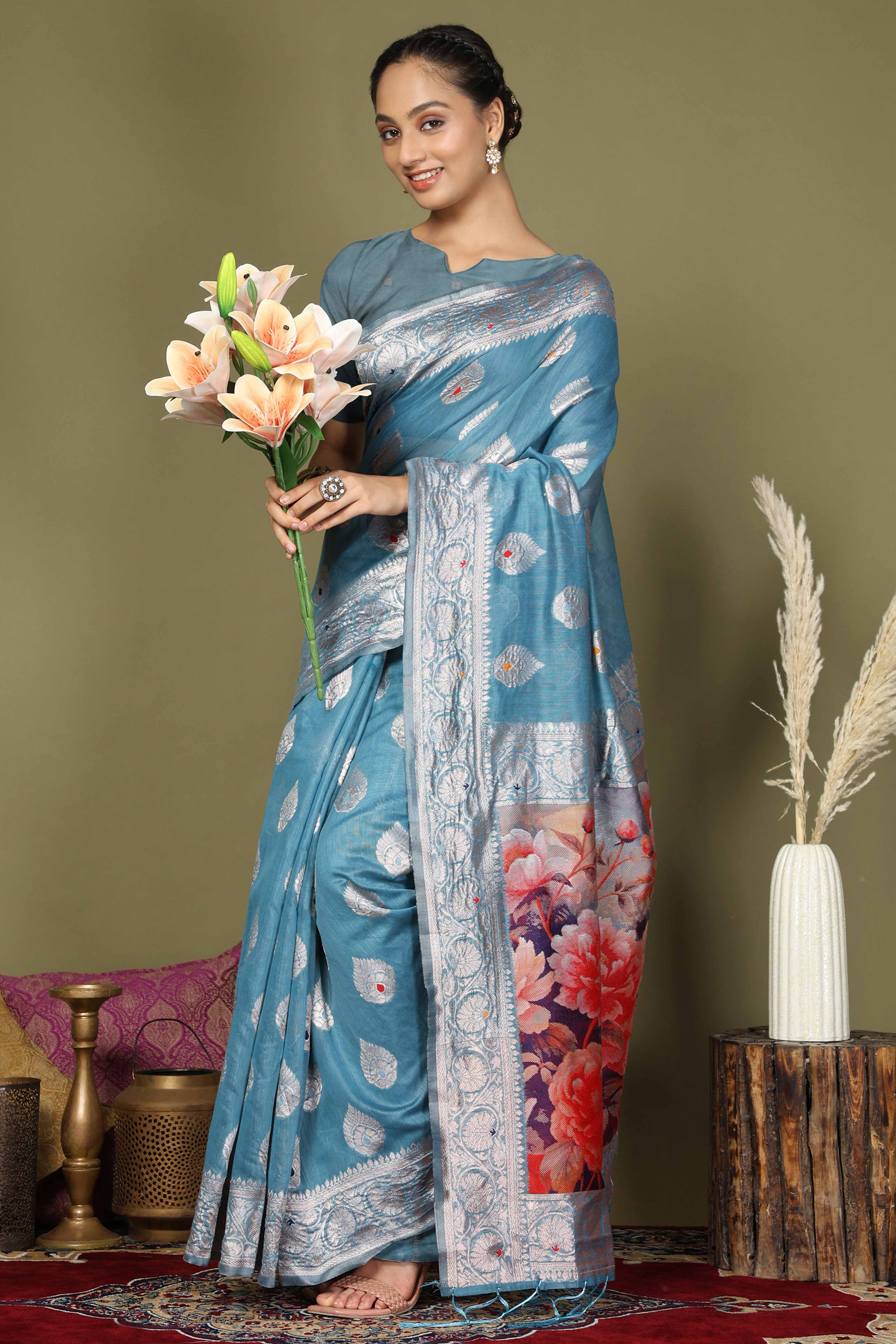Blue Saree In Linen Cotton Featuring Floral Zari Weaving & Digital Printed Pallu