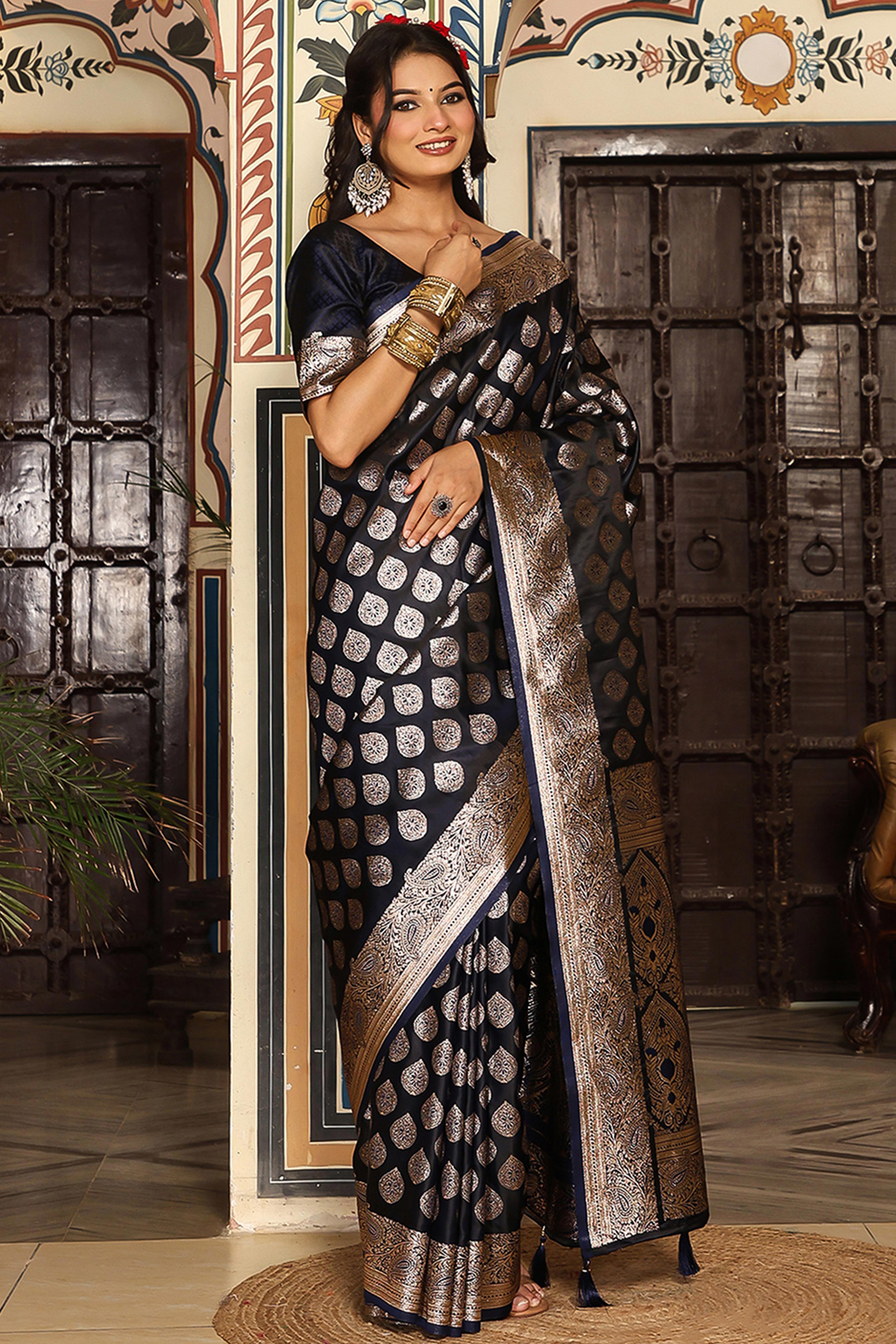 Festive Navy Blue Saree in Silk Blend with Exquisite Zari Weaving Work