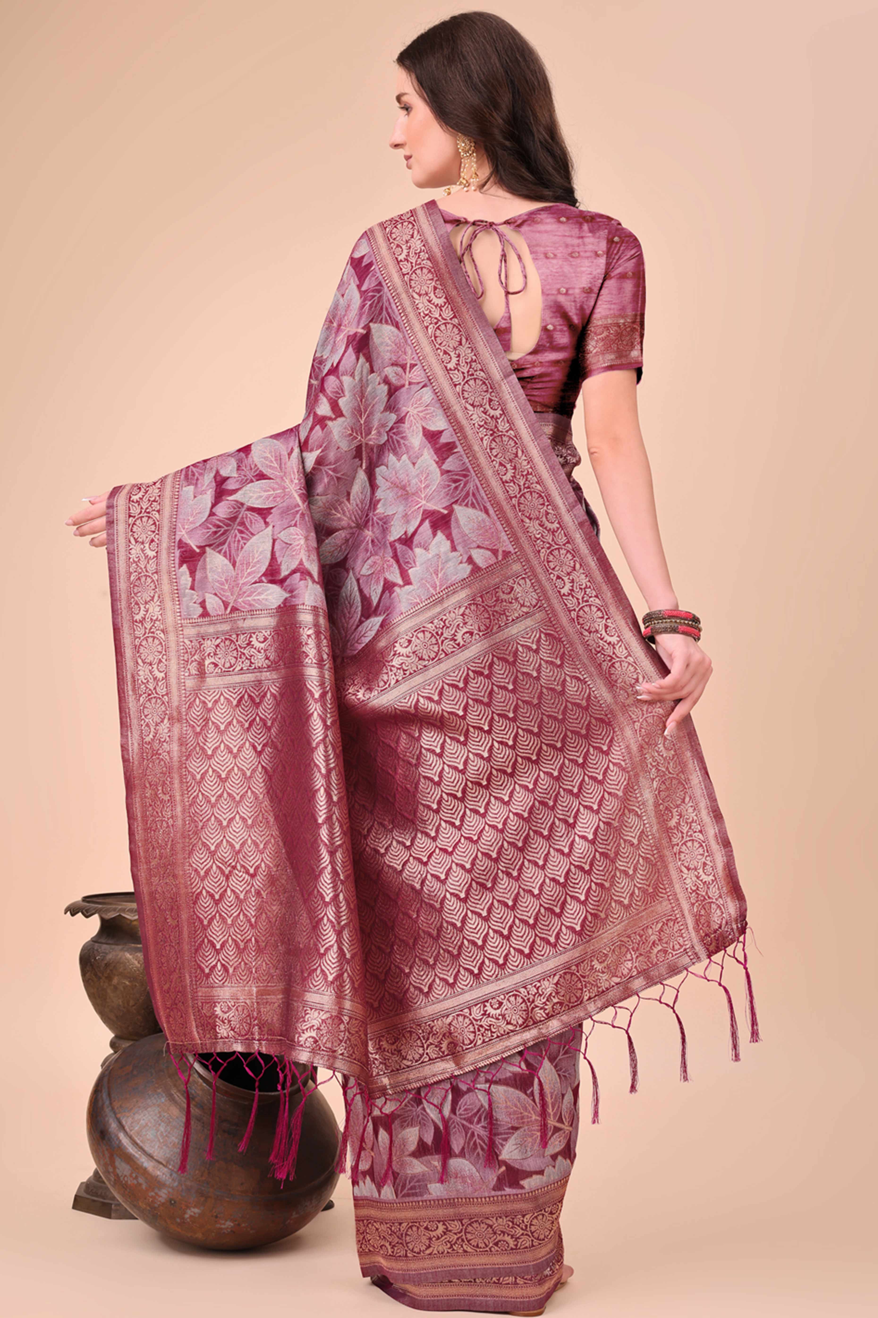 Wine Floral Zari Woven Cotton Blend Saree With Soft Tassel Edging