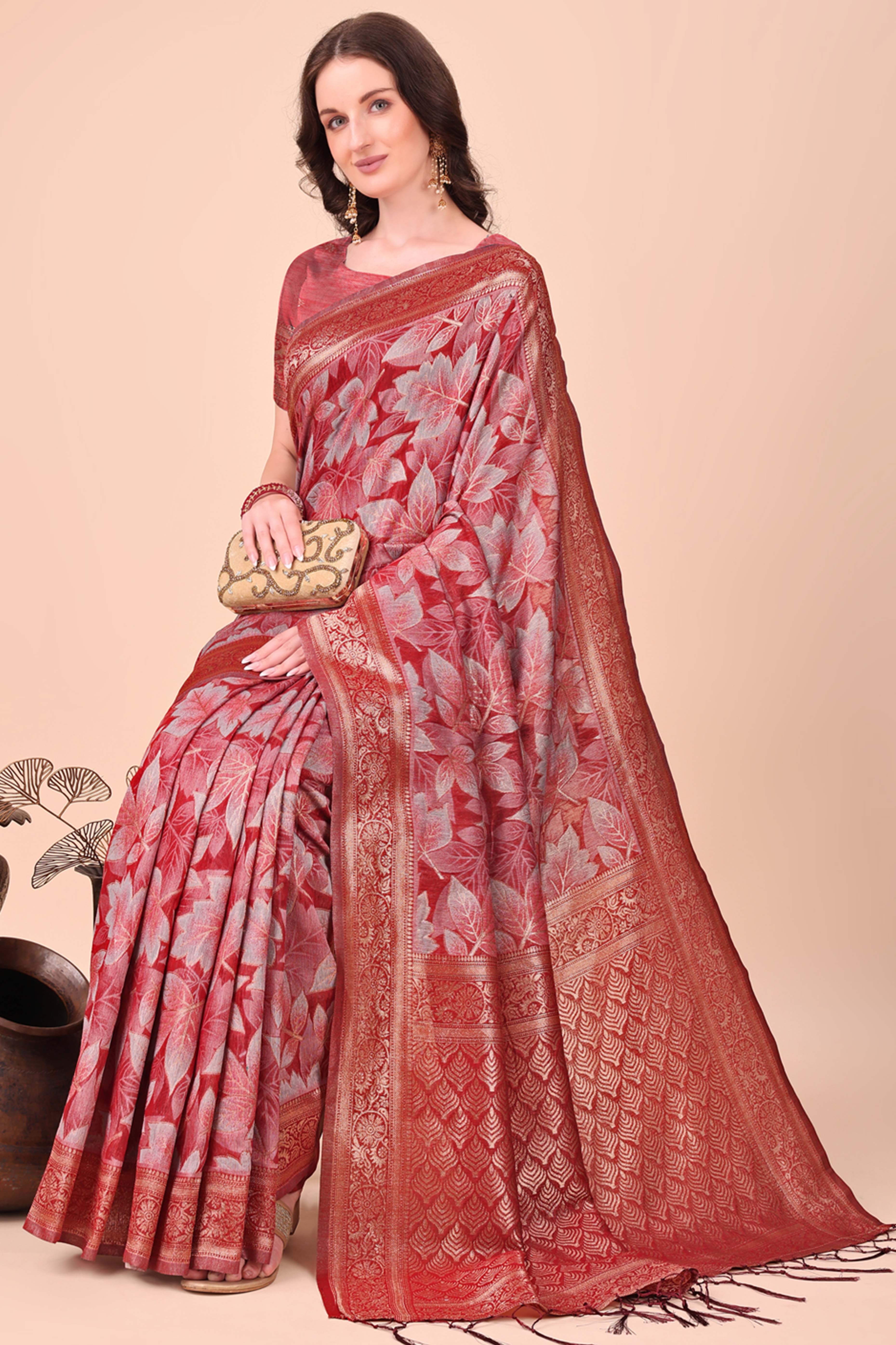 Red Floral Zari Woven Cotton Blend Saree With Soft Tassel Edging