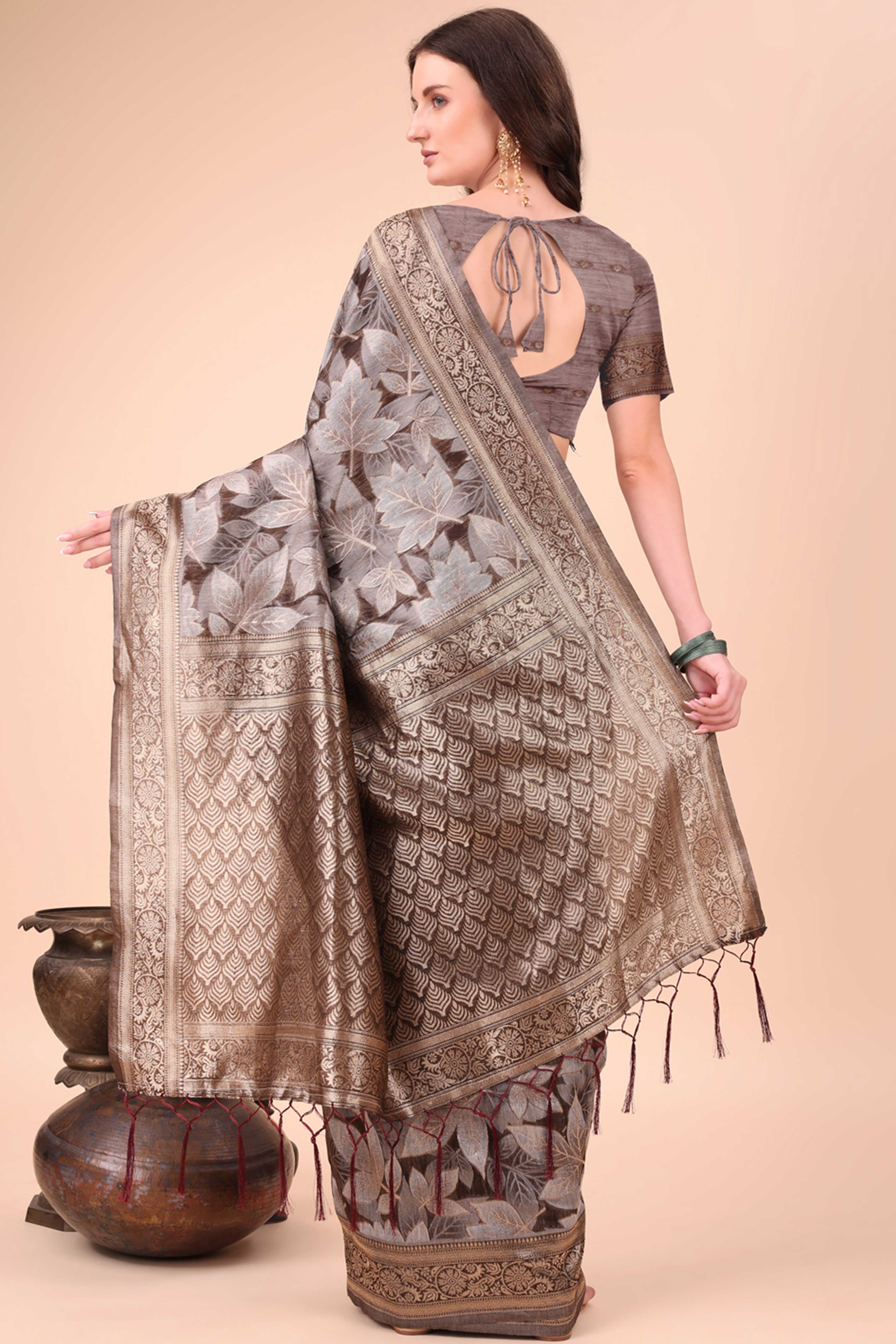Brown Floral Zari Woven Cotton Blend Saree With Soft Tassel Edging