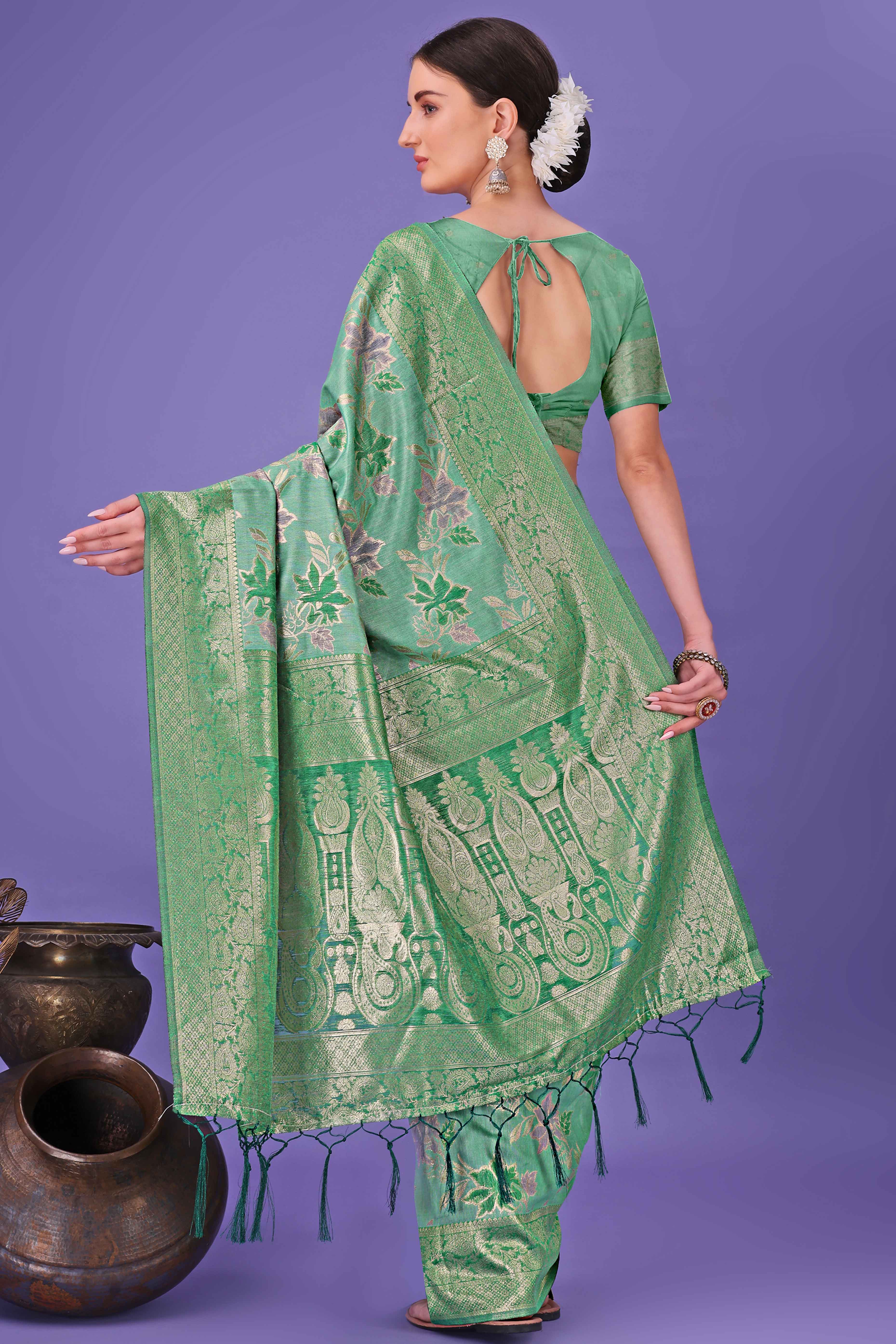 Green Floral Zari Woven Saree in a Lustrous Cotton Silk Blend