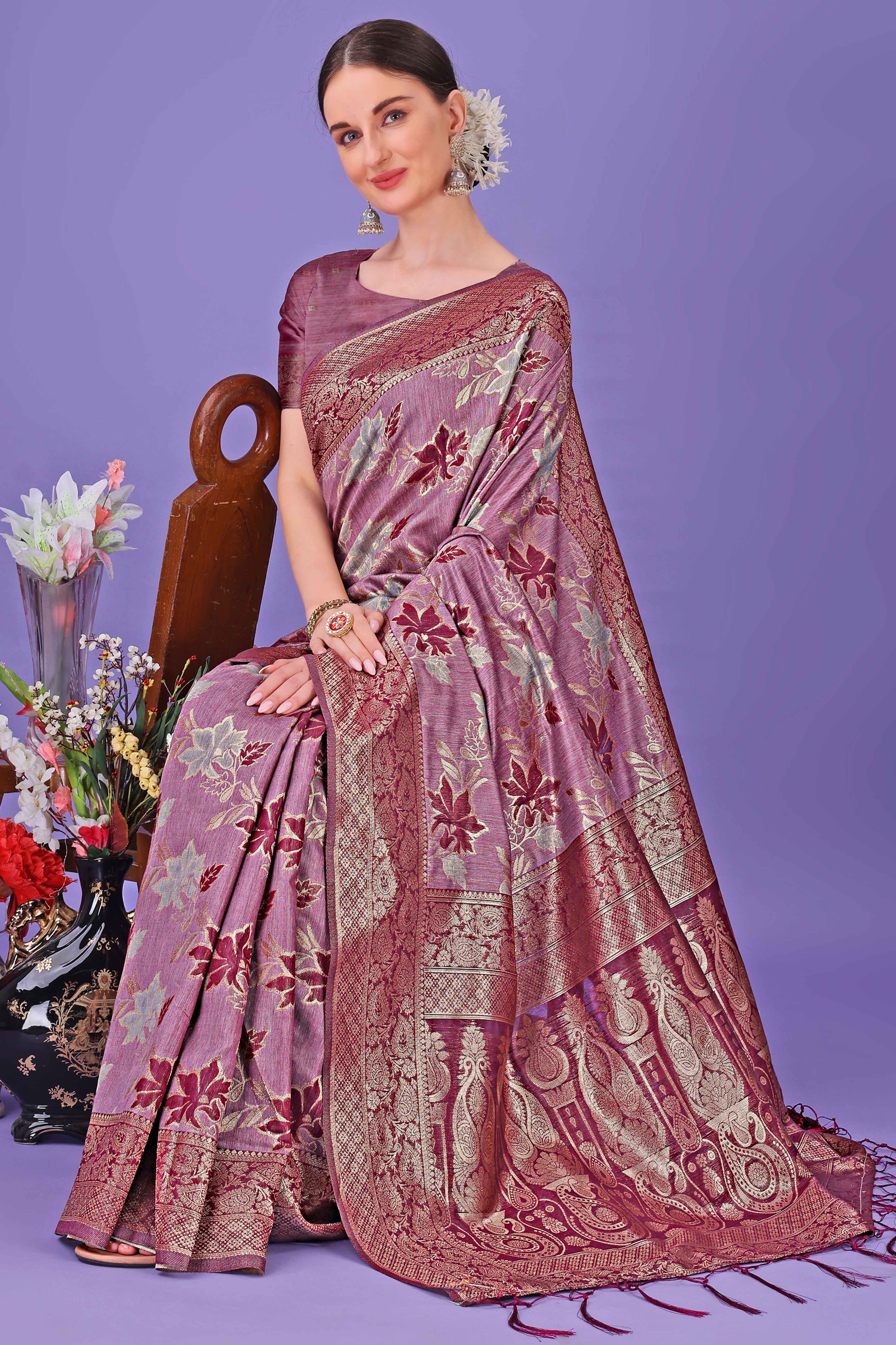 Purple Floral Zari Woven Saree in a Lustrous Cotton Silk Blend