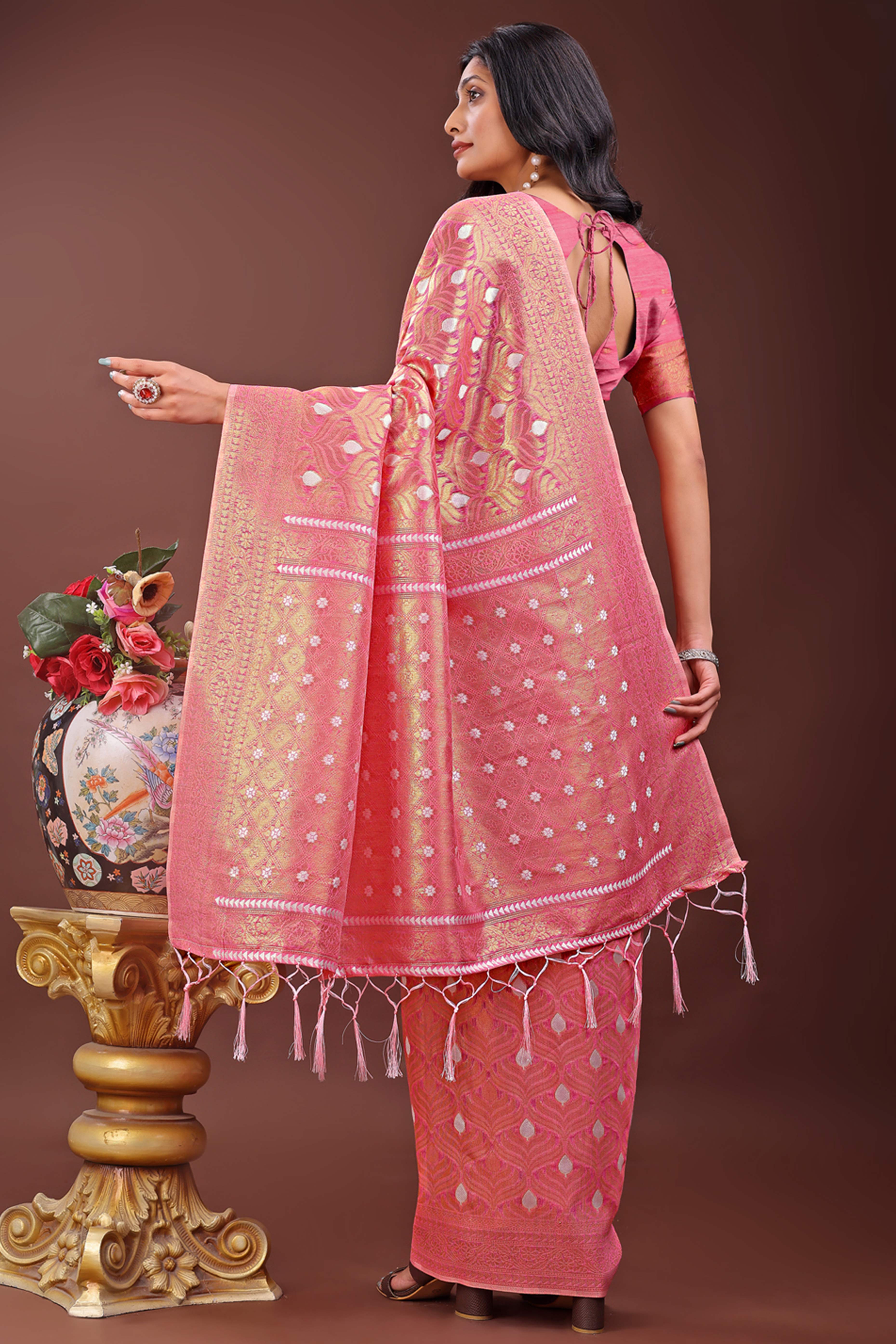 Pink Zari Work Cotton Silk Saree Finished with Luxe Tassels