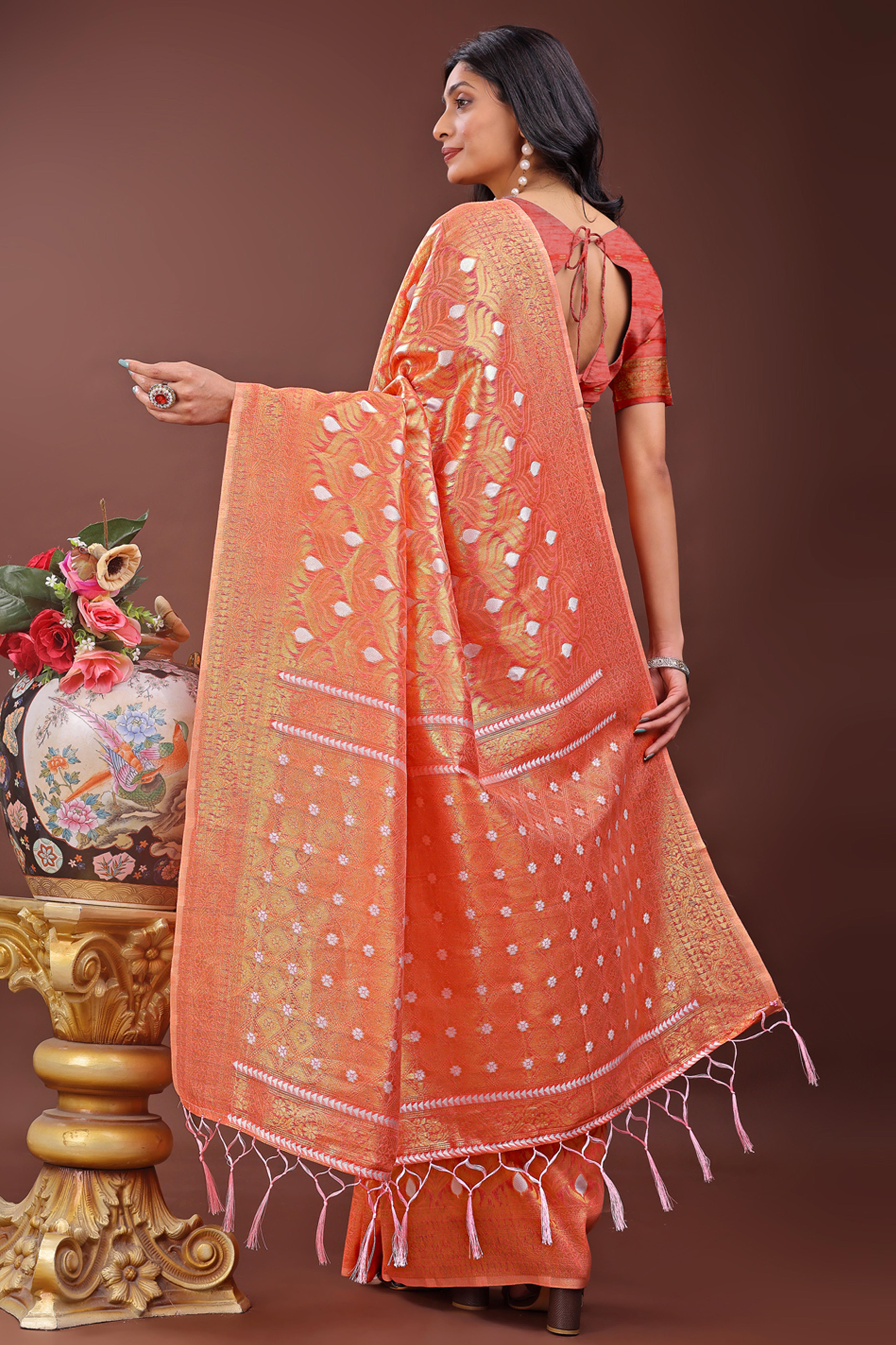 Orange Zari Work Cotton Silk Saree Finished with Luxe Tassels