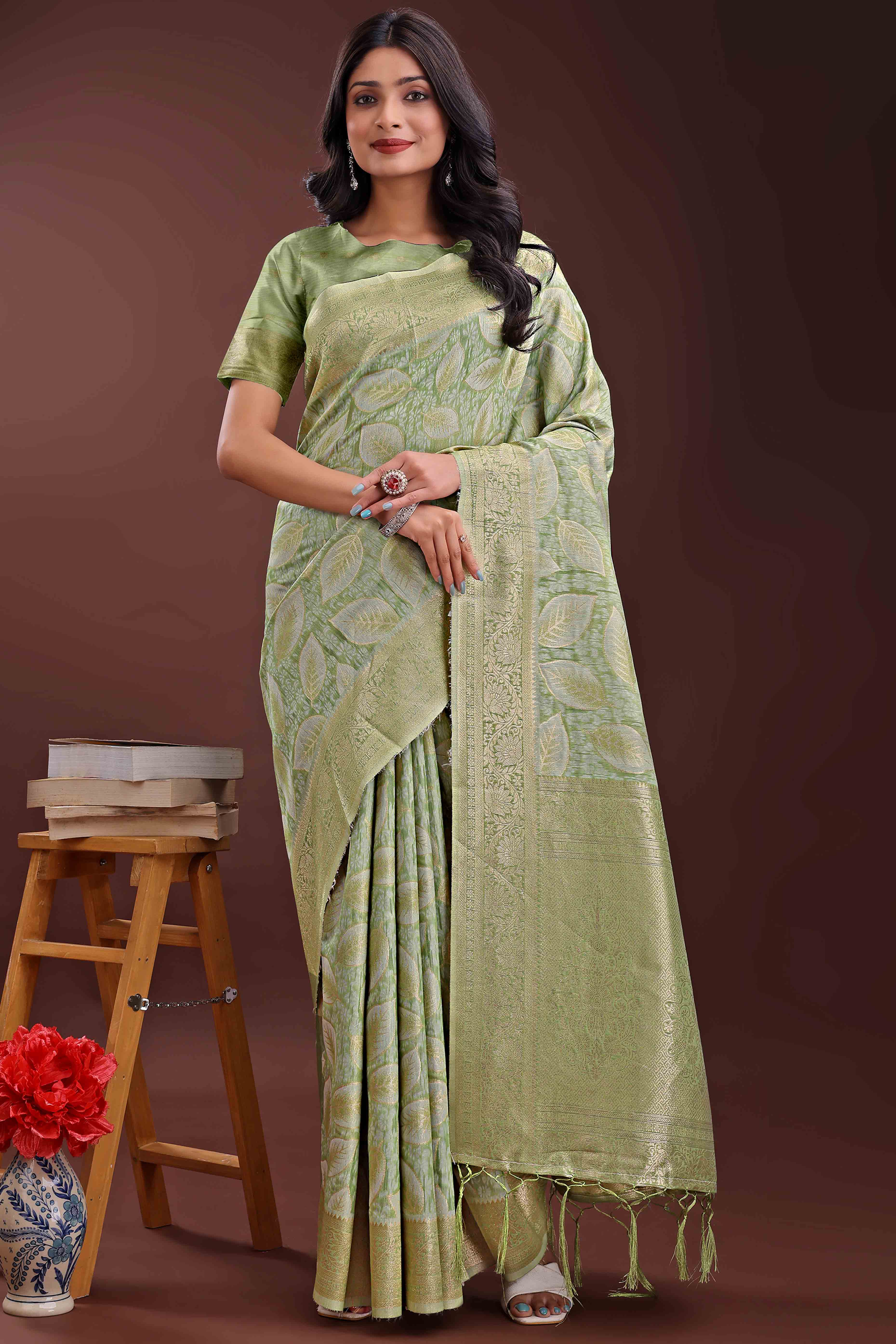 Light Green Brocade Woven Saree in Cotton Silk Blend with Zari Detailing