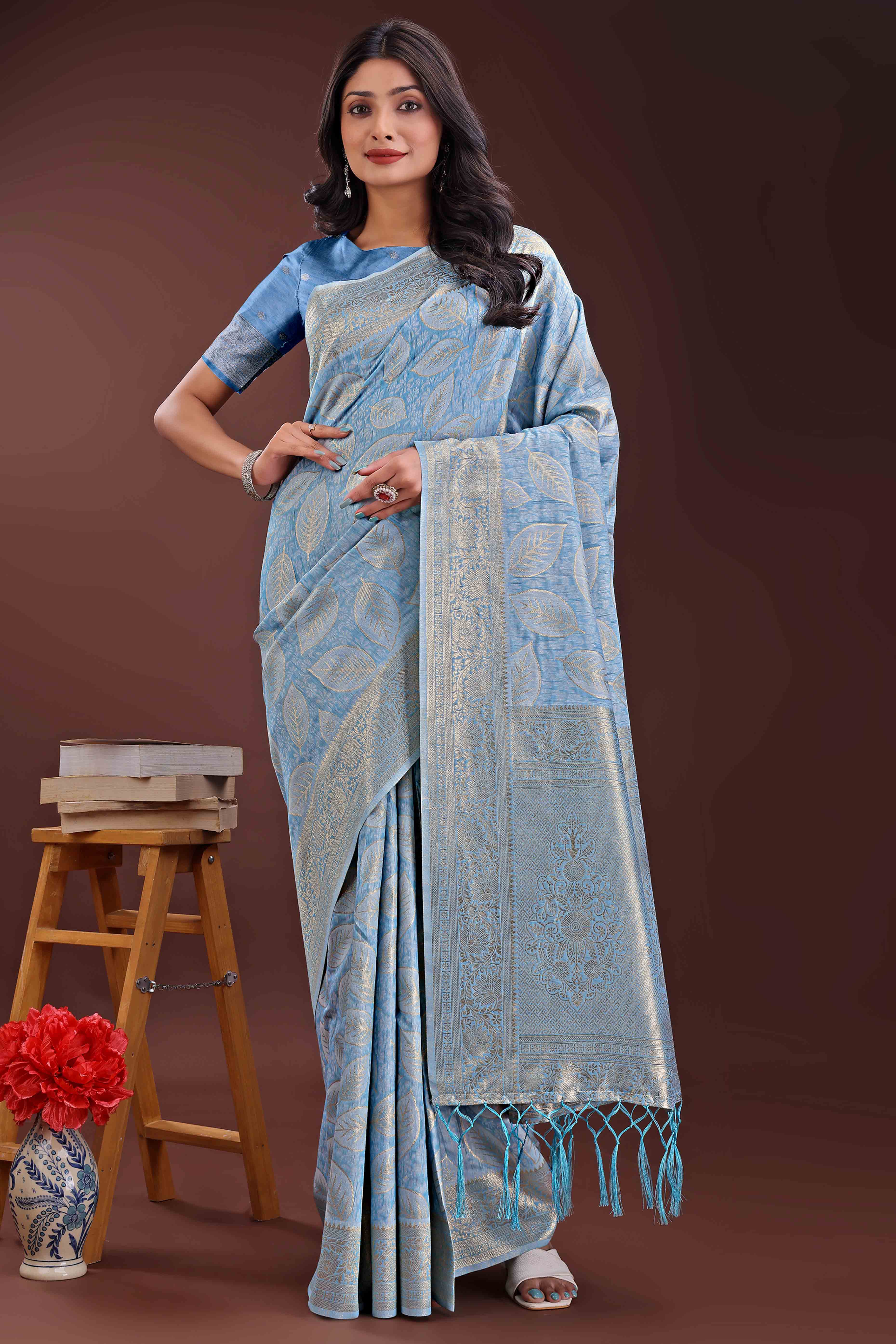 Sky Blue Brocade Woven Saree in Cotton Silk Blend with Zari Detailing