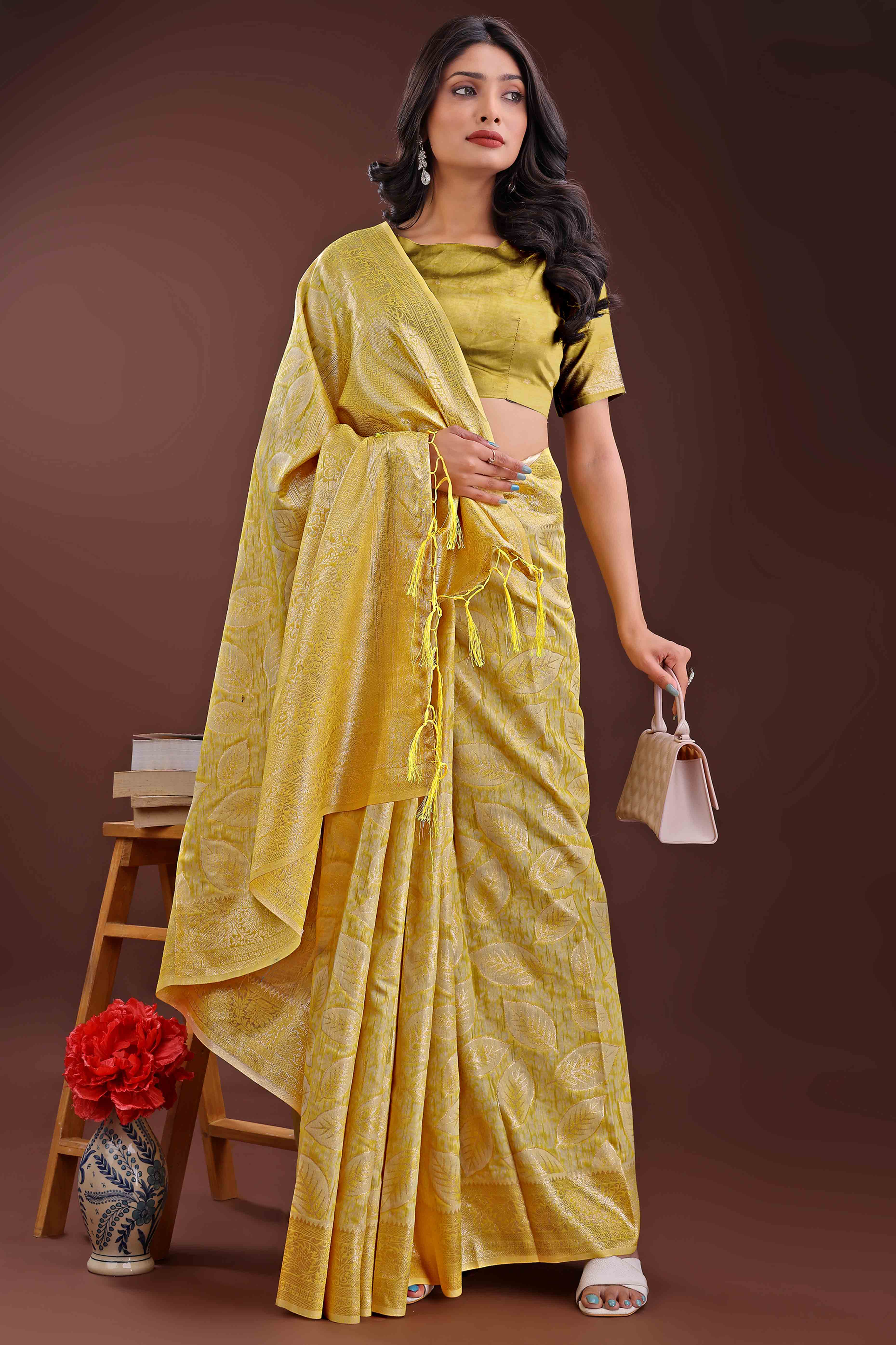 Yellow Brocade Woven Saree in Cotton Silk Blend with Zari Detailing