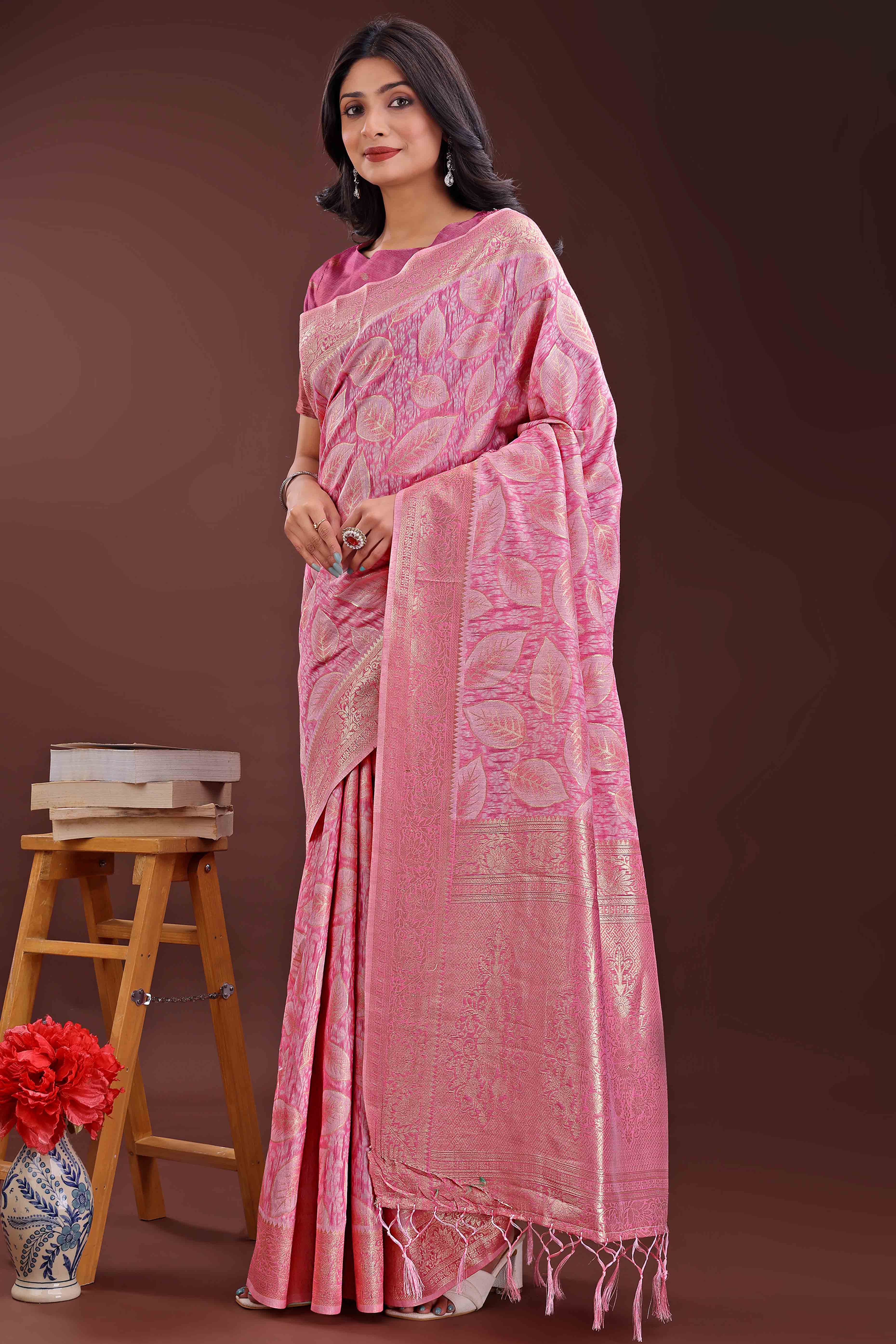 Pink Brocade Woven Saree in Cotton Silk Blend with Zari Detailing