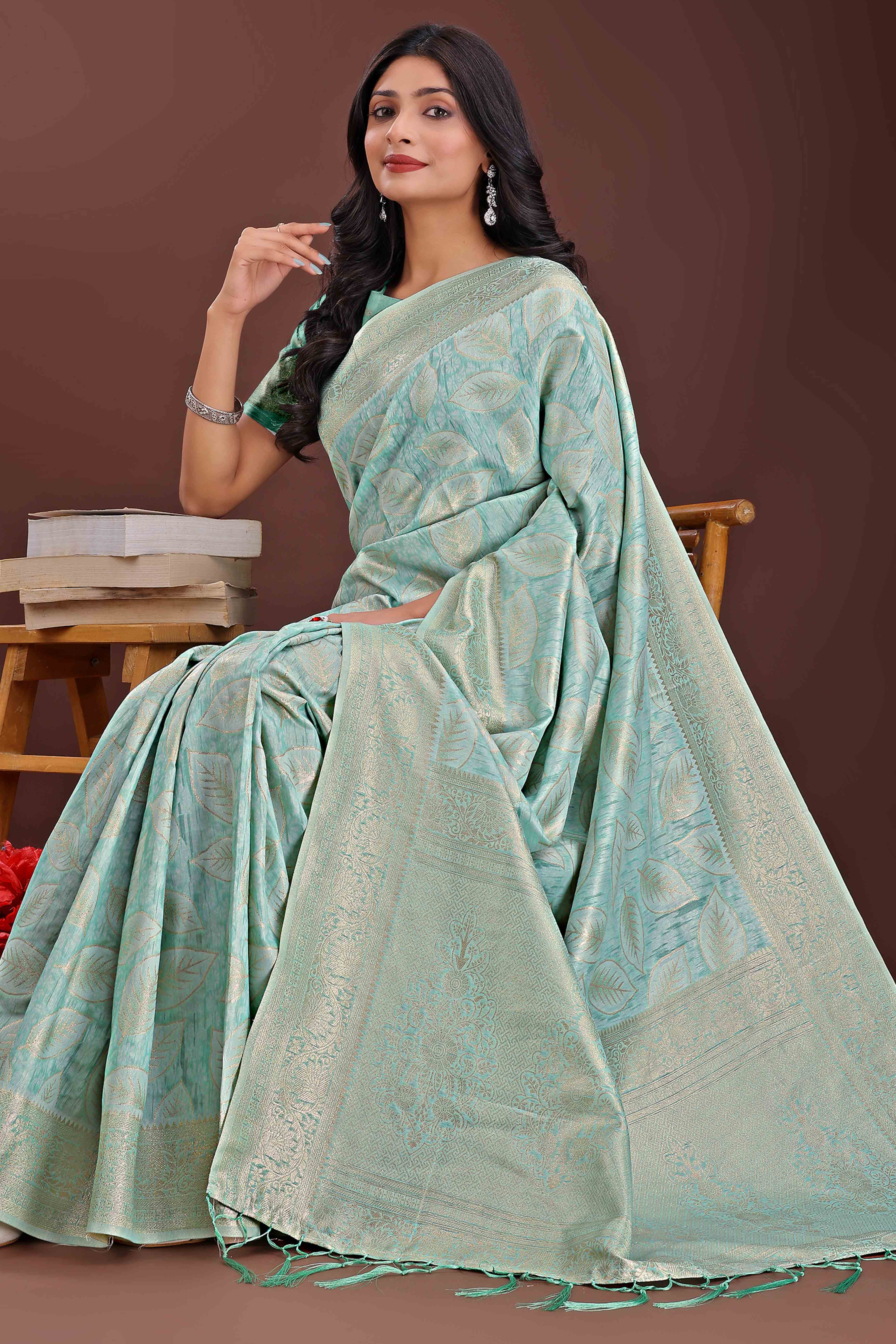 Sea Green Brocade Woven Saree in Cotton Silk Blend with Zari Detailing