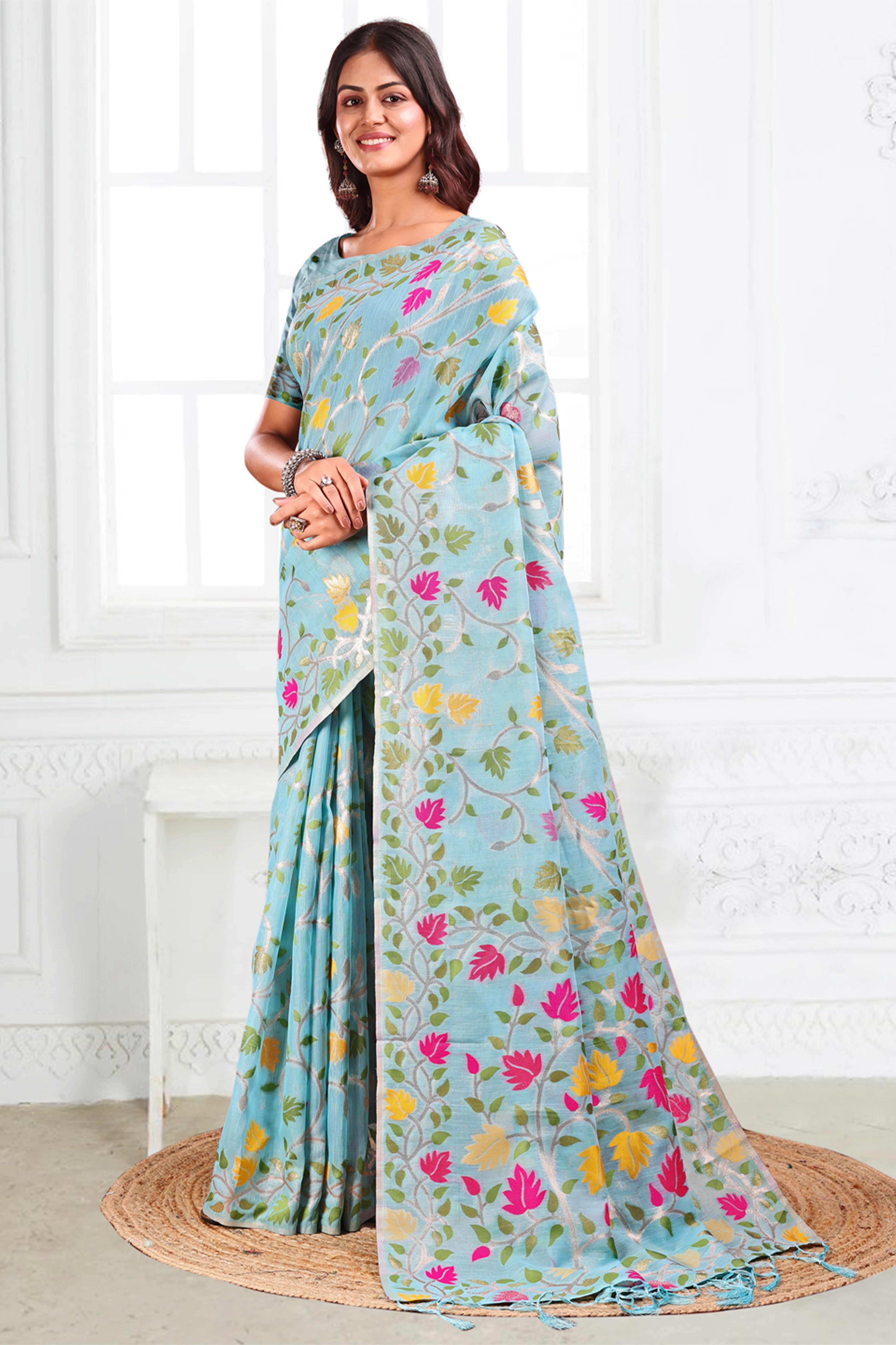 Sky Blue Linen Cotton Silk  Saree Enhanced With Floral Zari Weaving & Tasselled Pallu Finish