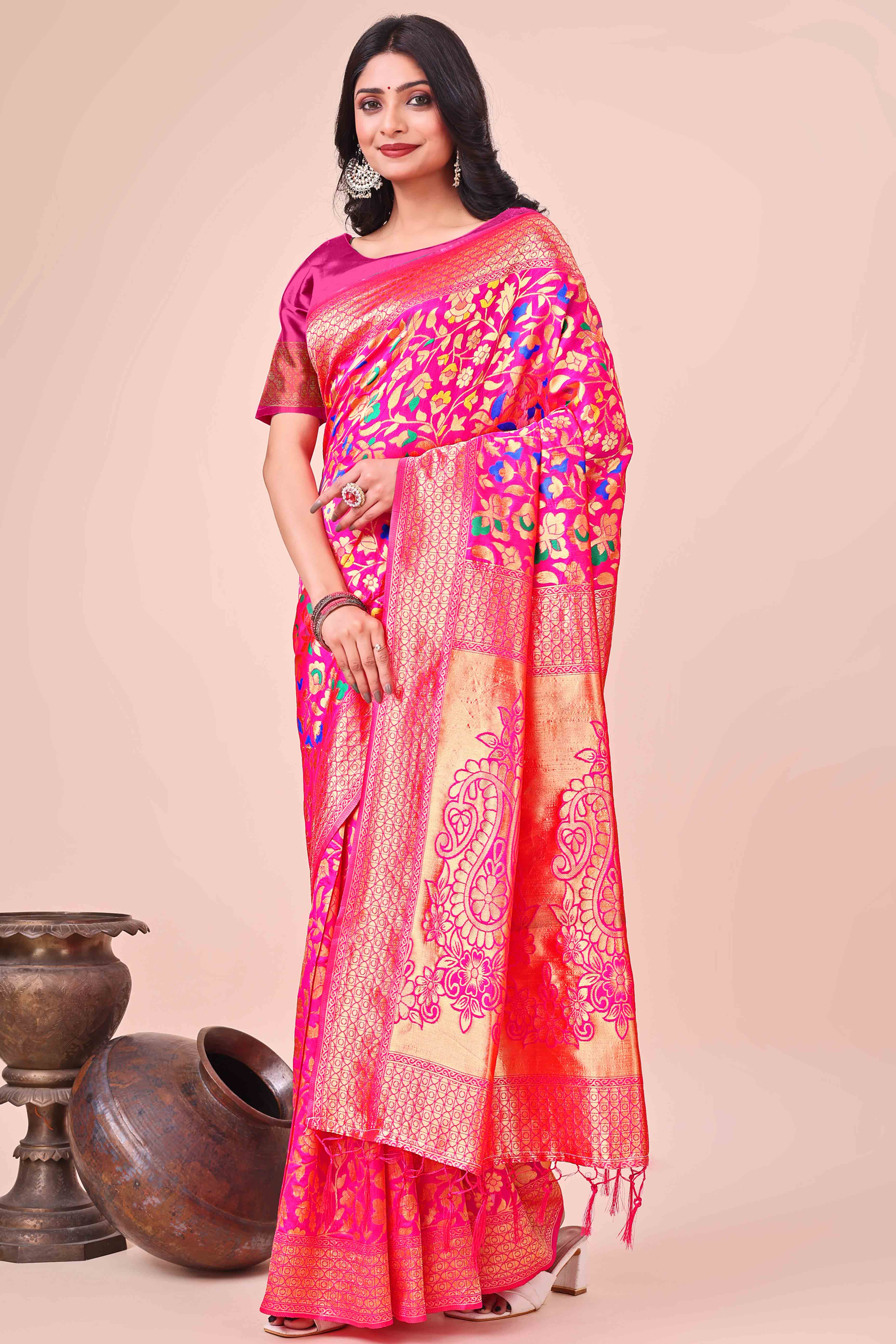 Pink Lichi Banarasi Silk Saree With Floral Zari Work & Tassel Border